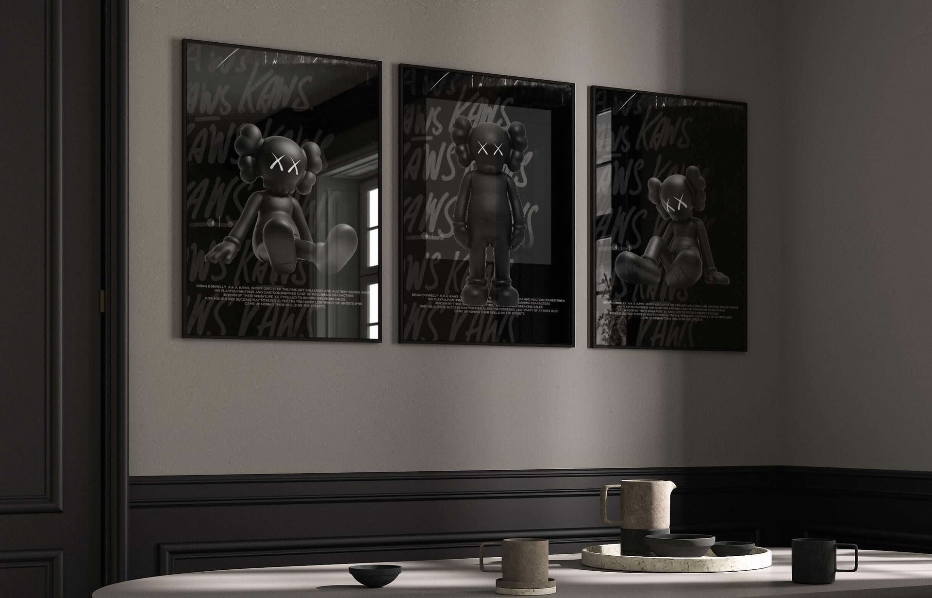Black Urban Wall Art Set of 3 featuring HYPEBEAST KAWS designs, highlighting urban life aesthetics.
