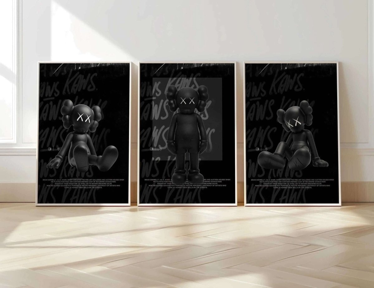 Black Urban Wall Art Set of 3 featuring modern framed digital prints with urban character design in a bright living room — Haus of Prints.