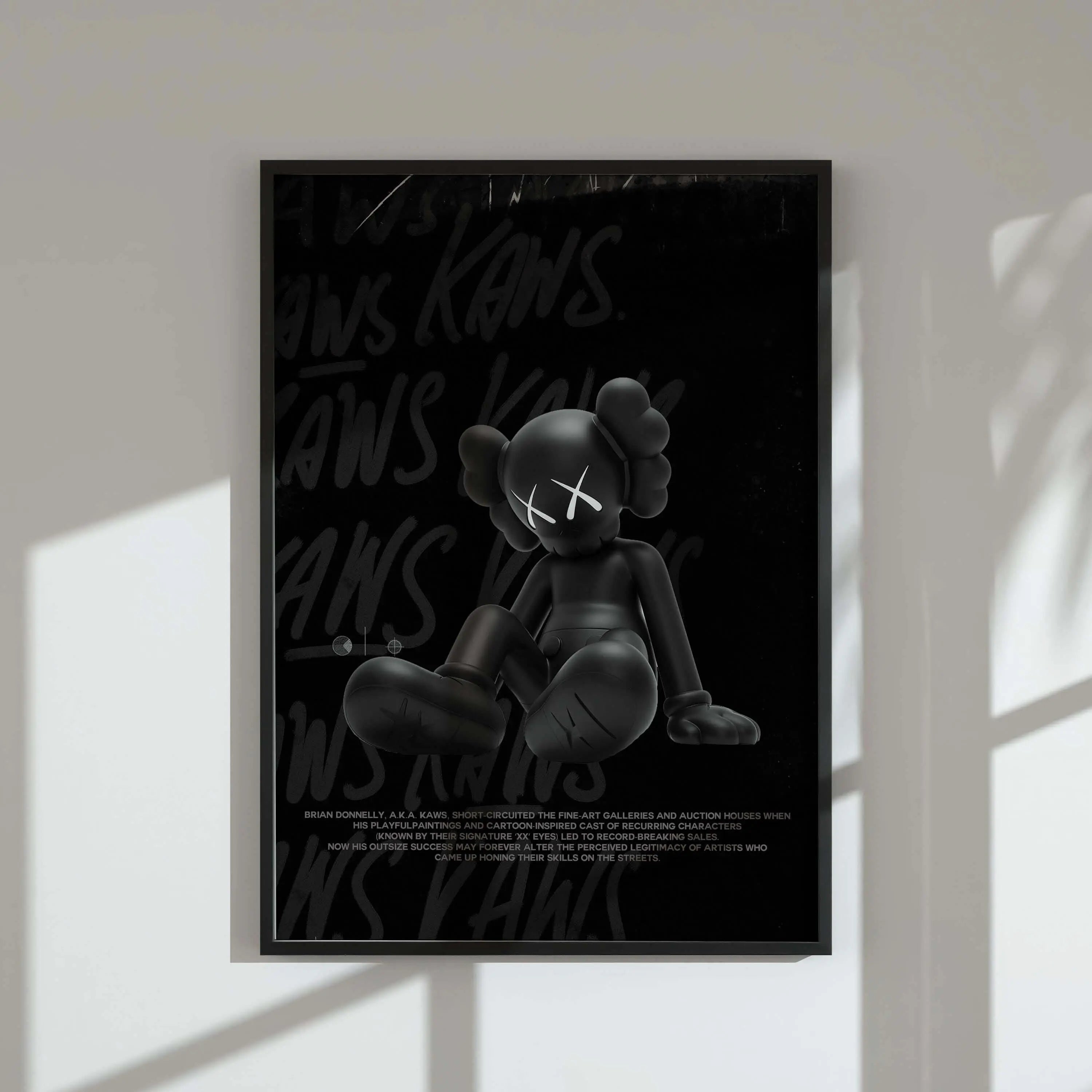 Black Urban Wall Art Set of 3 featuring bold digital wall art with KAWS-inspired figure in modern living room, Haus of Prints.