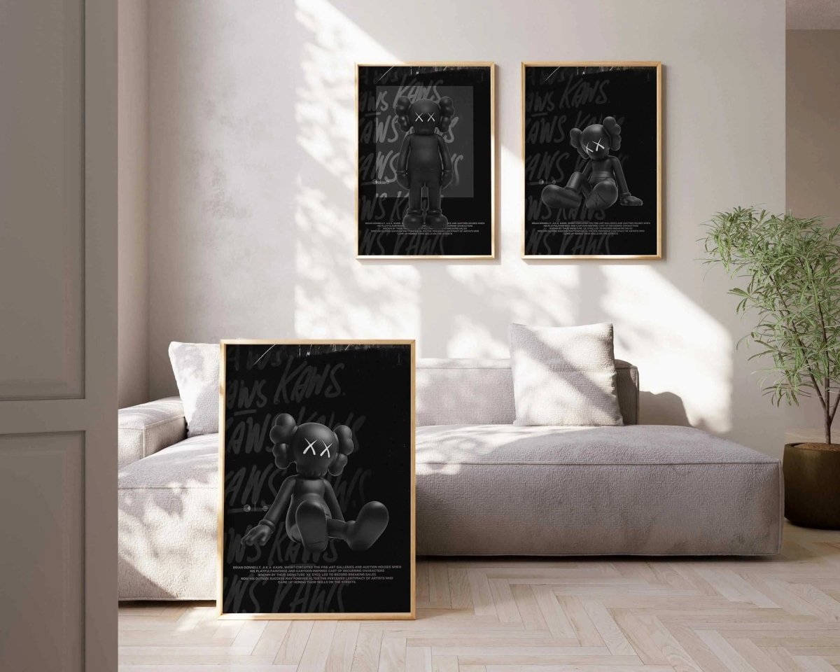 Black Urban Wall Art Set of 3 featuring dark sneaker art in a modern living room with framed digital wall art prints by HAUS OF PRINTS.