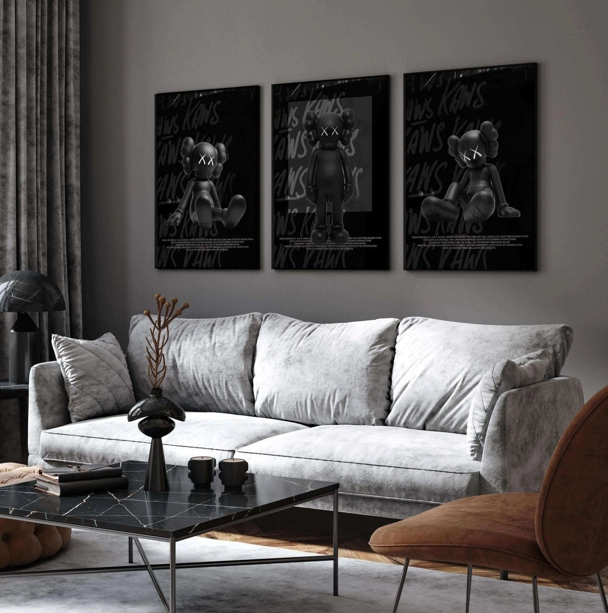 Black Urban Wall Art Set of 3 featuring bold digital wall art prints in a modern living room, urban sneaker and fashion style by HAUS OF PRINTS
