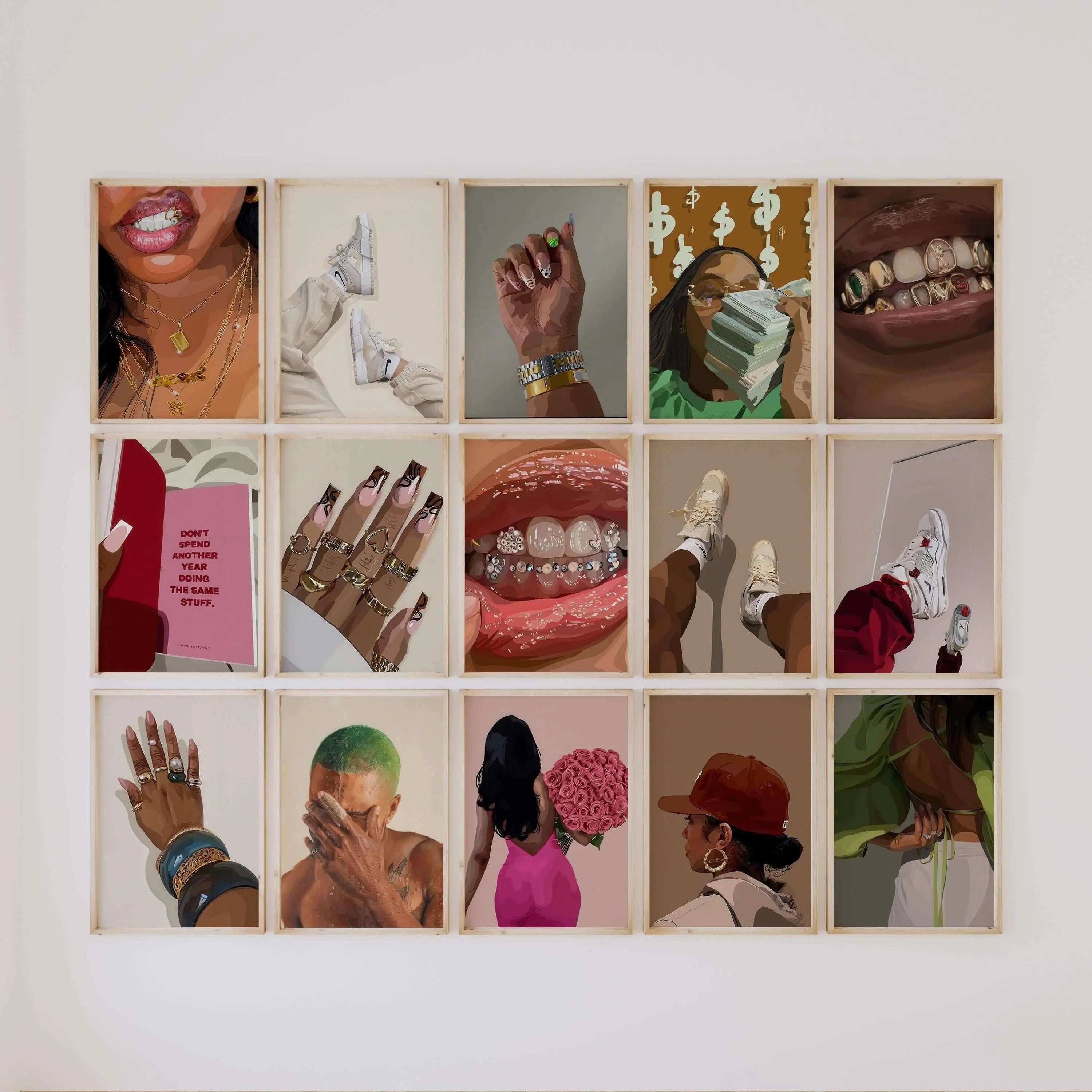 Set of 87 Afrocentric digital wall art prints featuring Black women’s portraits and details, framed printable art - Black Woman Art Set Haus of Prints.