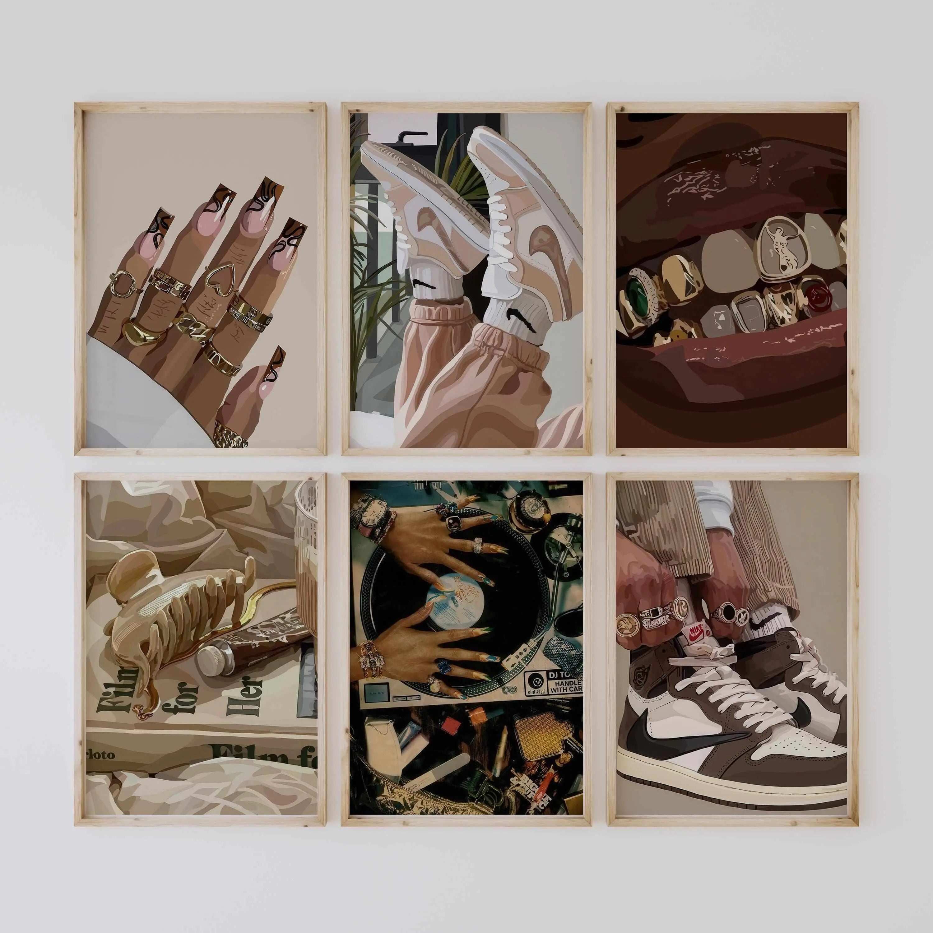 Black Woman Art Set of 87 digital wall art posters featuring Afrocentric sneaker and fashion prints in a modern gallery wall, Haus of Prints.