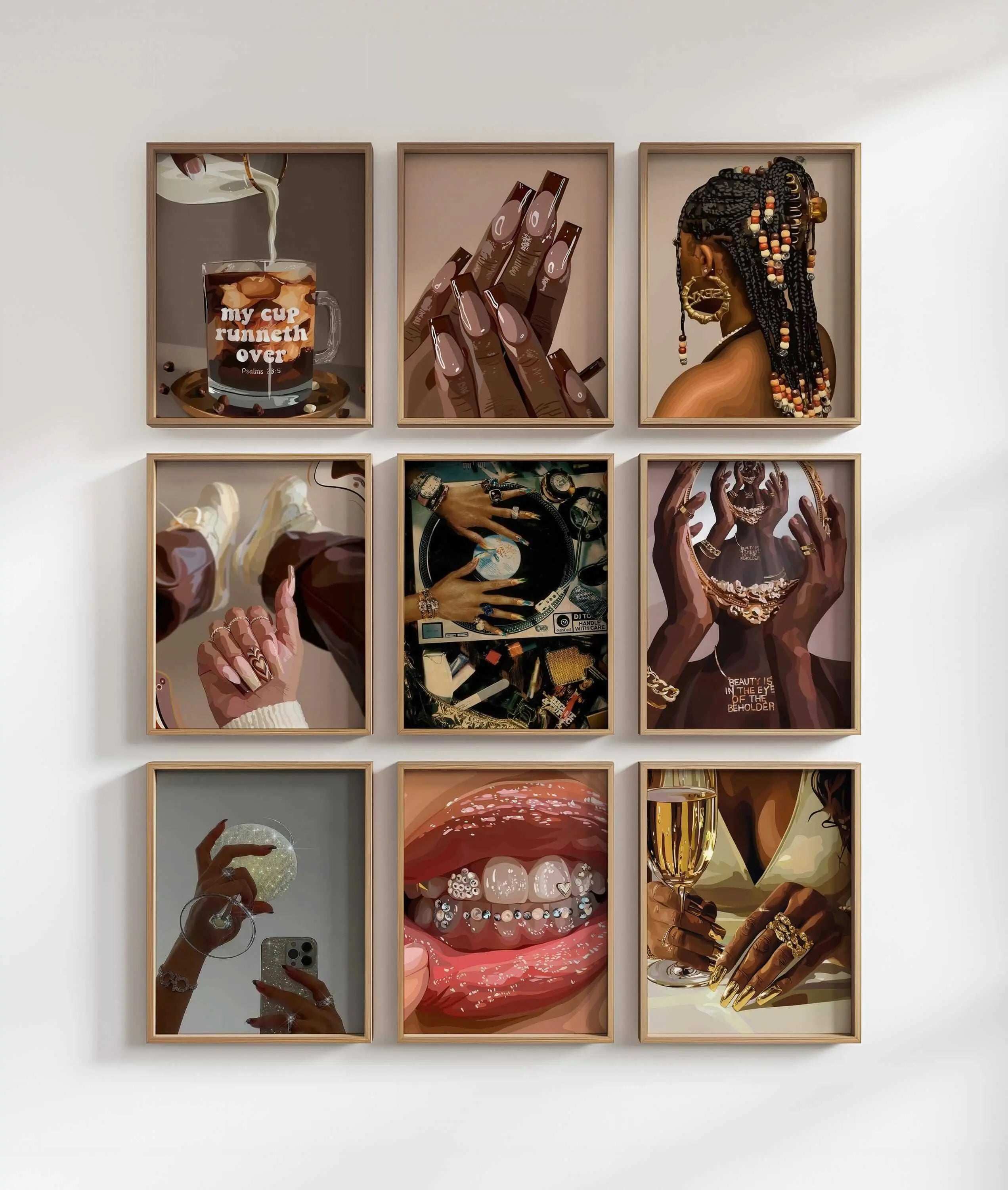 Black Woman Art Set of 87 digital wall art prints featuring Afrocentric designs in a modern living room setting — Haus of Prints.