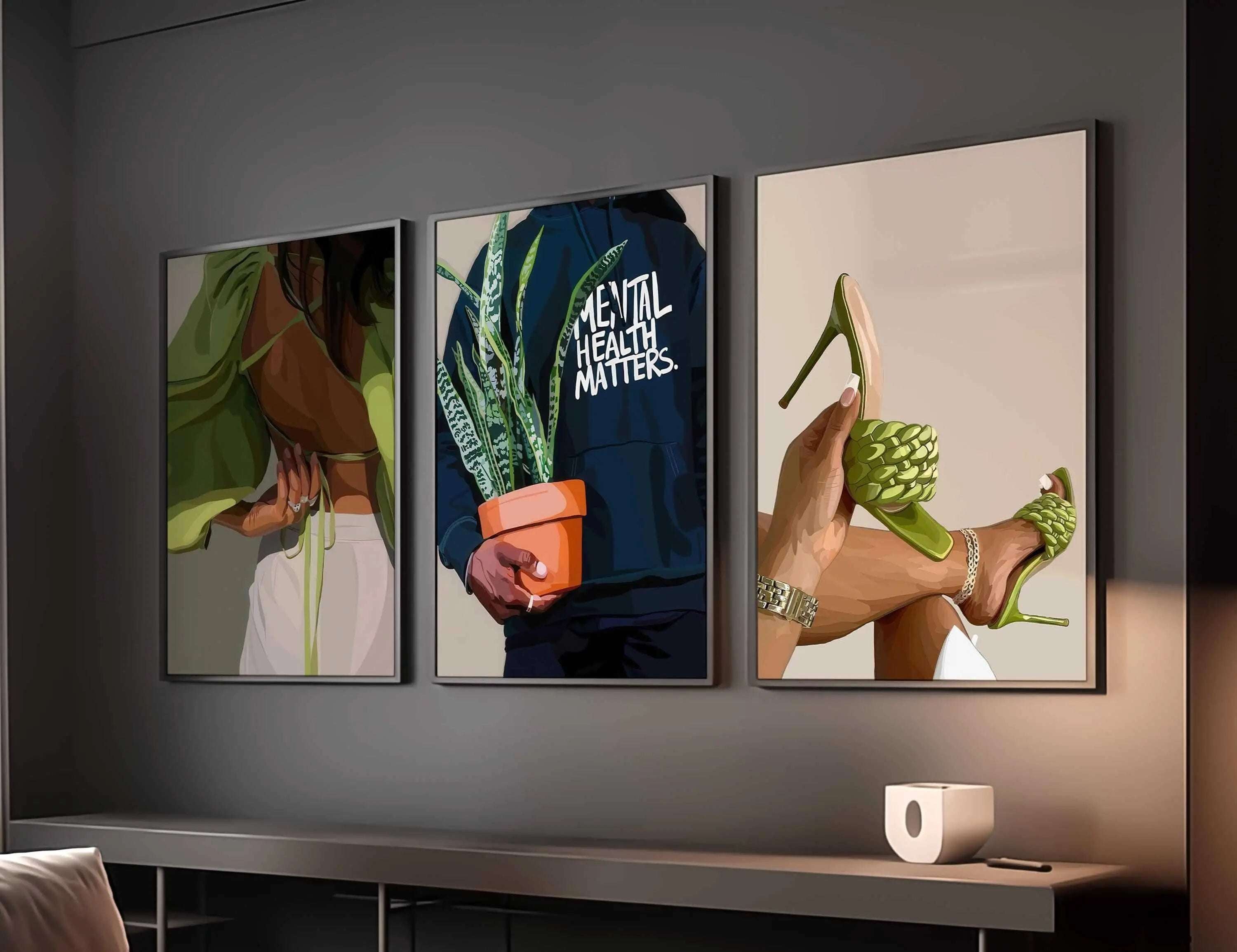 Black Woman Wall Art Prints Set of 6 Afrocentric digital wall art with modern style in living room decor, printable art by Haus of Prints.