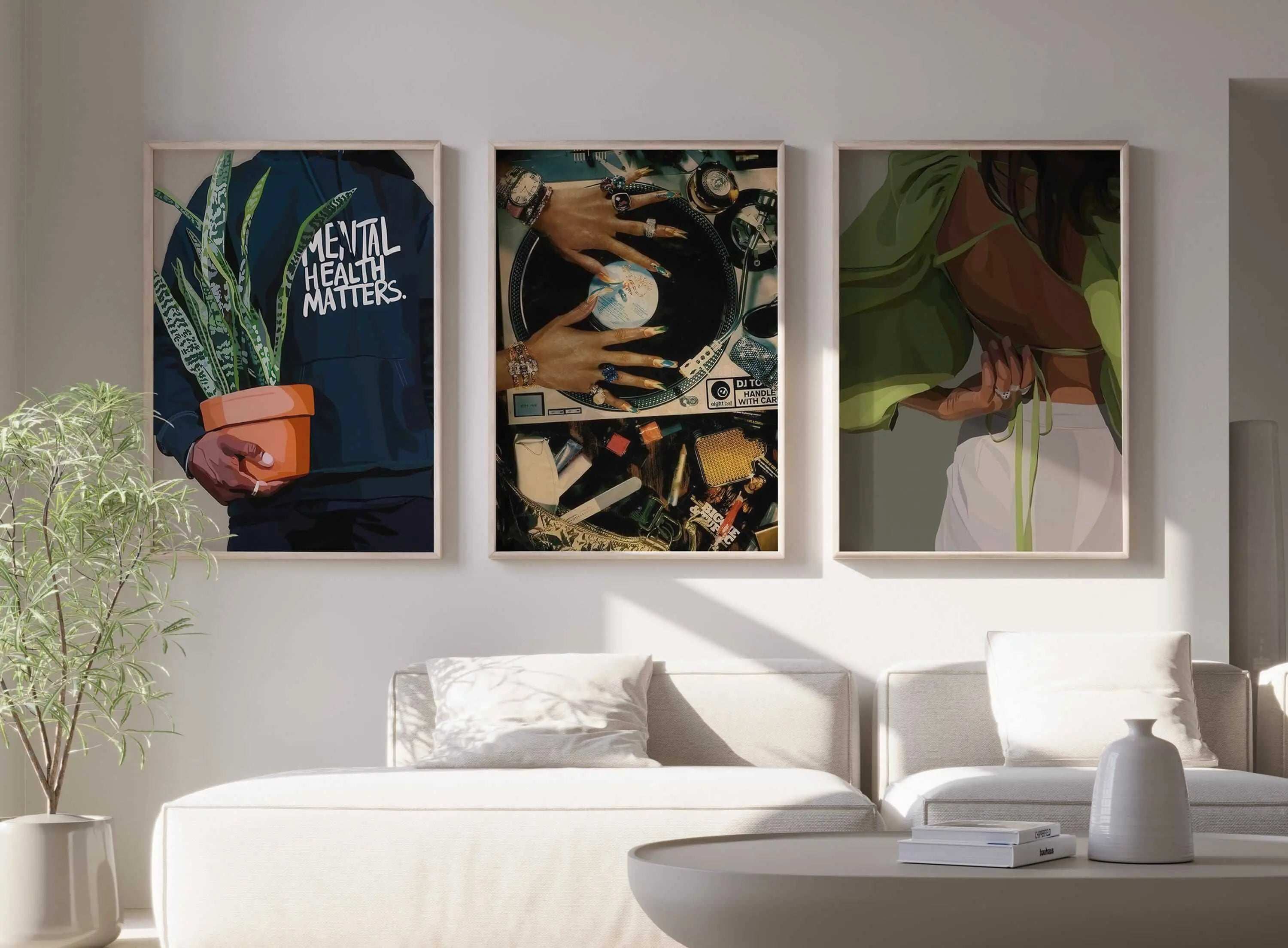 Black Woman Wall Art Prints Set of 6 featuring Afrocentric digital wall art with vibrant themes in a modern living room by Haus of Prints.