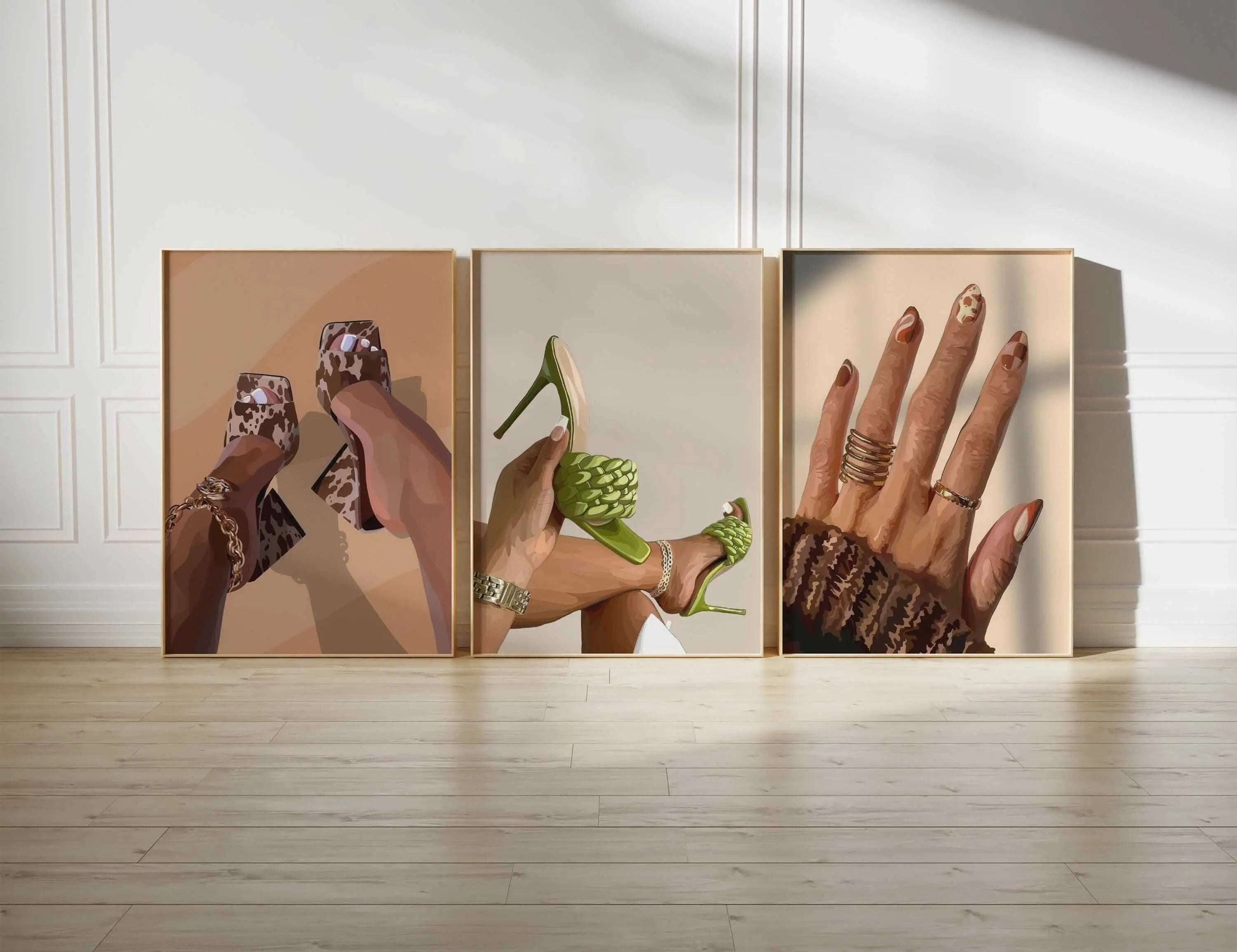 Black Woman Wall Art Prints Set of 6 featuring Afrocentric digital art prints with stylish hands and feet in modern room decor — Haus of Prints.
