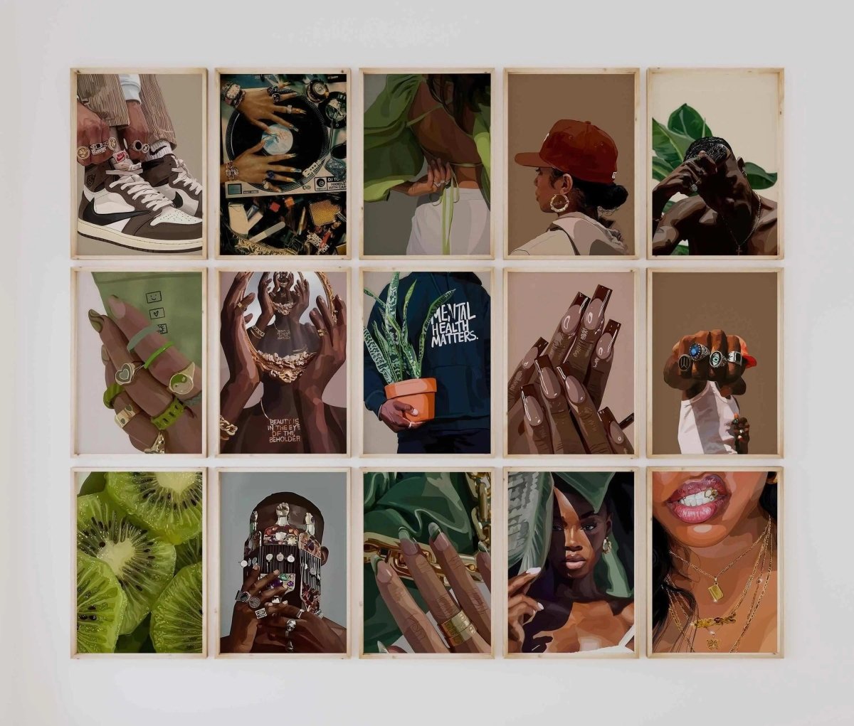 Black Woman Wall Art Set of 15 featuring Afrocentric digital prints with vibrant skin tones, jewelry, and plants in modern living room — Haus of Prints.