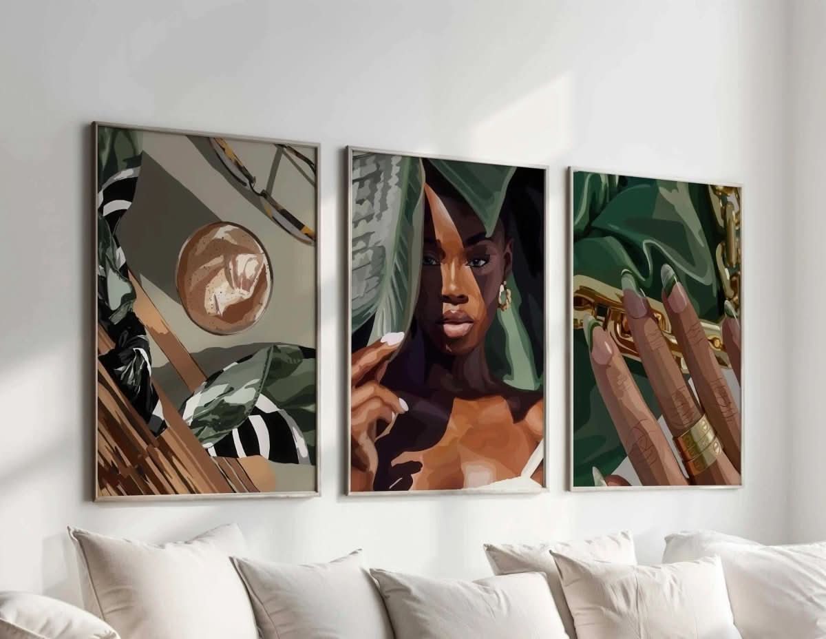 Another angle of the Black Woman Wall Art Set, highlighting the beautiful cultural designs and bold colors.