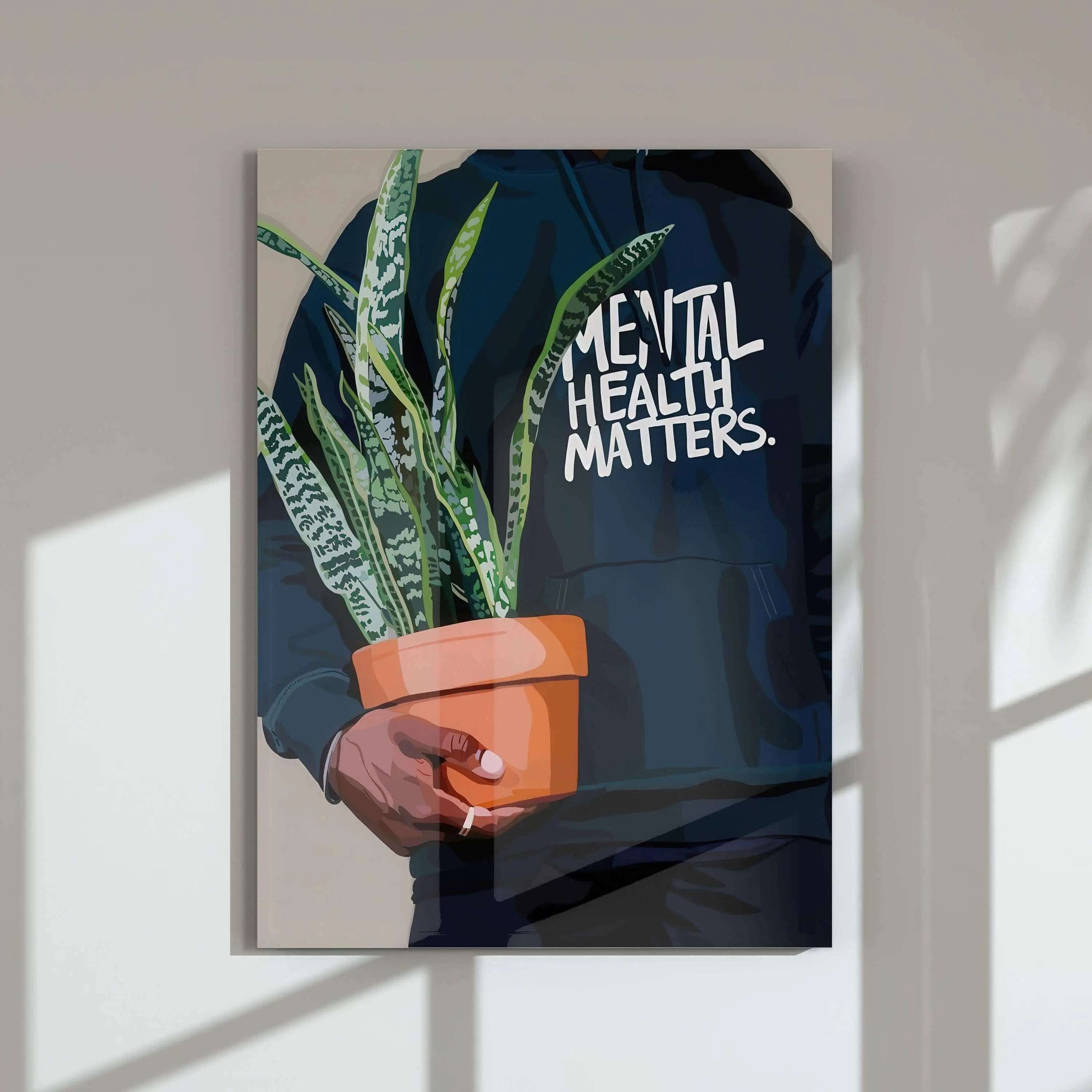 Afrocentric digital wall art print featuring a person holding a plant with "Mental Health Matters" text, modern home decor, Haus of Prints.