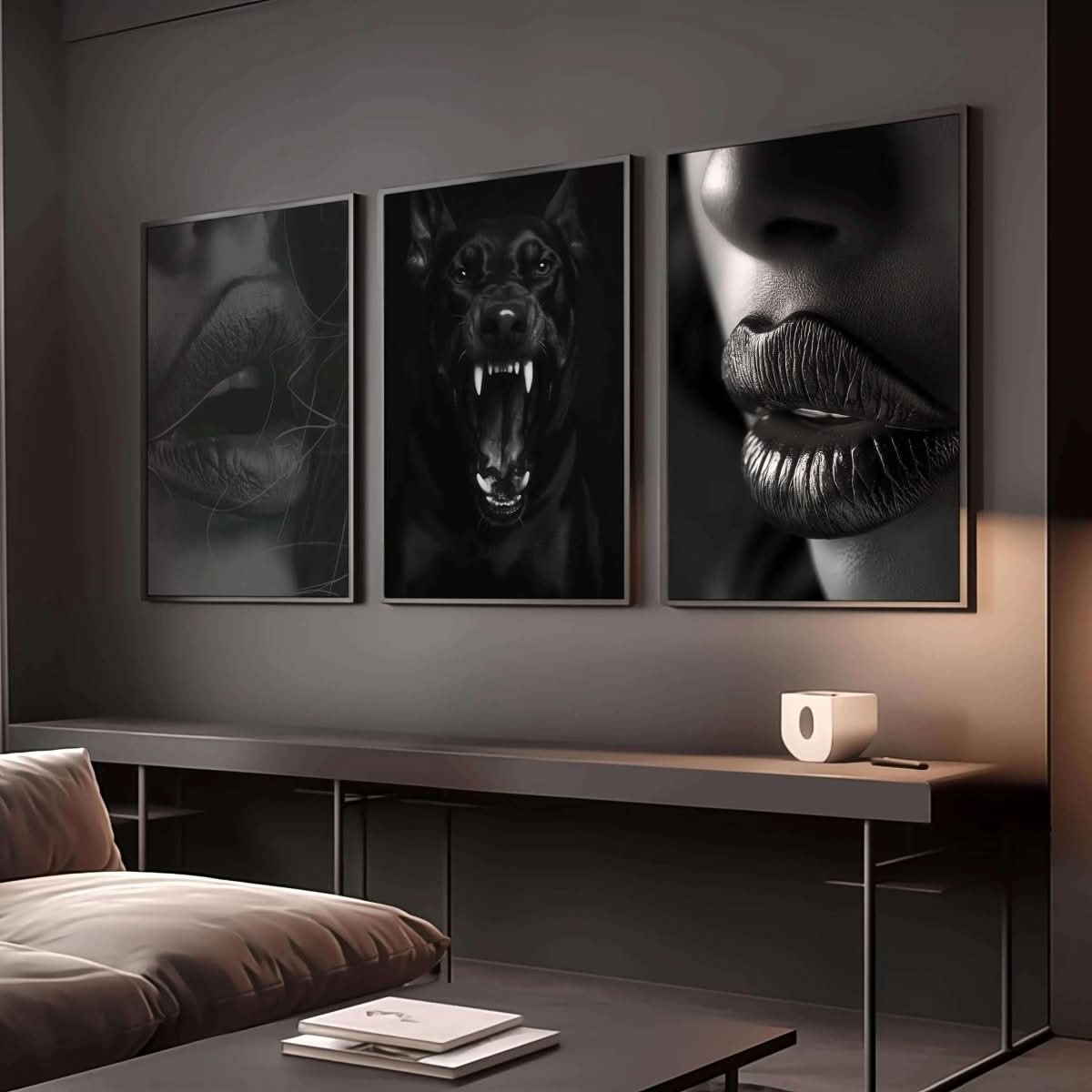 Close-up view of a screaming dog in black and white from the Haus of Prints fashion collection.