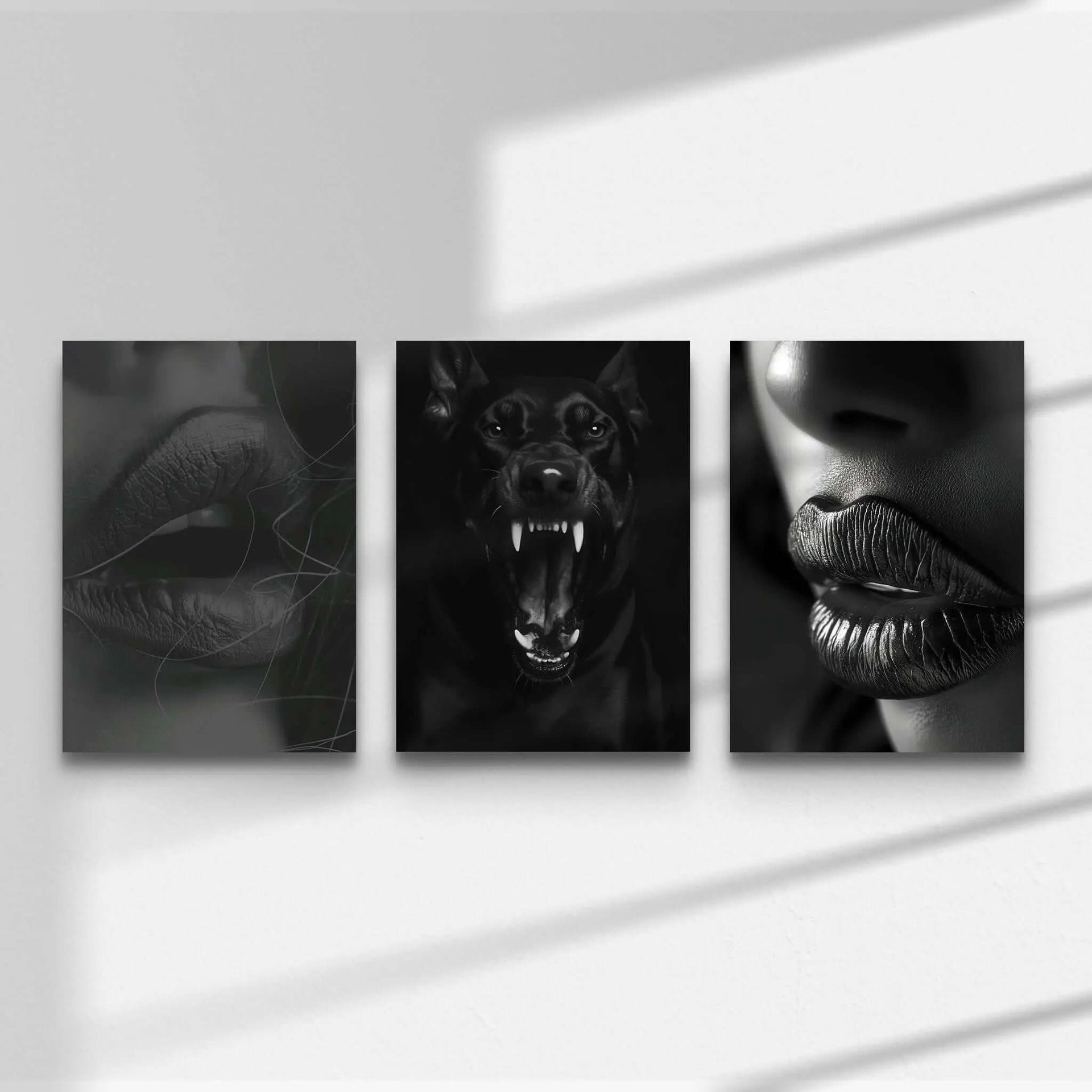 Black and White Fashion Prints Set of 3 by Haus of Prints, showcasing elegant lip art and a fierce dog.