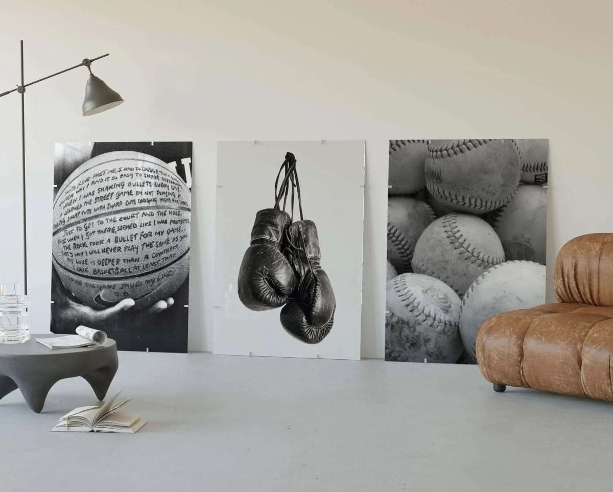 Black and White Sports Poster Set displays boxing gloves, basketball, and baseballs for stylish wall art.