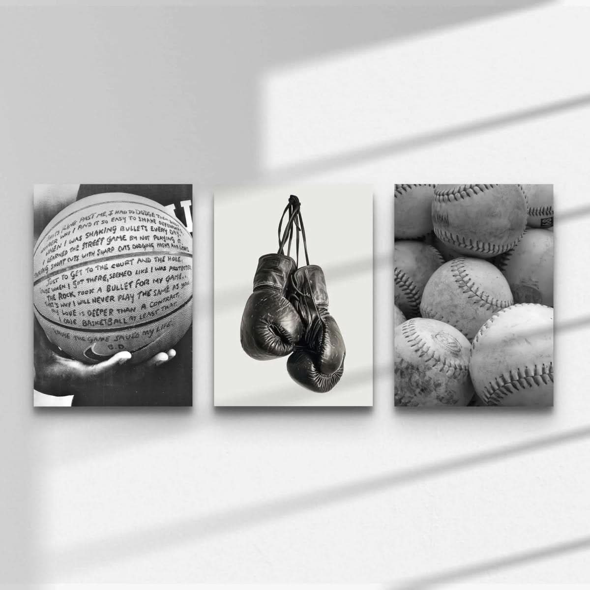 Black and White Sports Poster Set of 3 featuring a basketball, boxing gloves, and baseballs for modern decor.