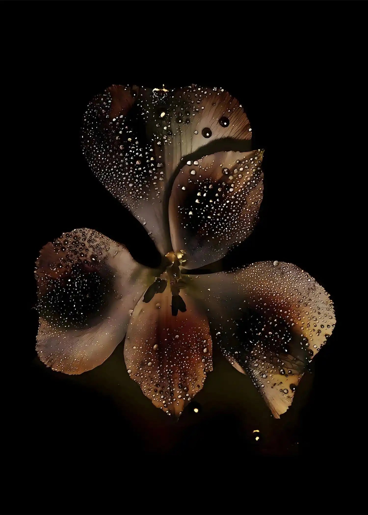 Droplets on a flower petal against a black background