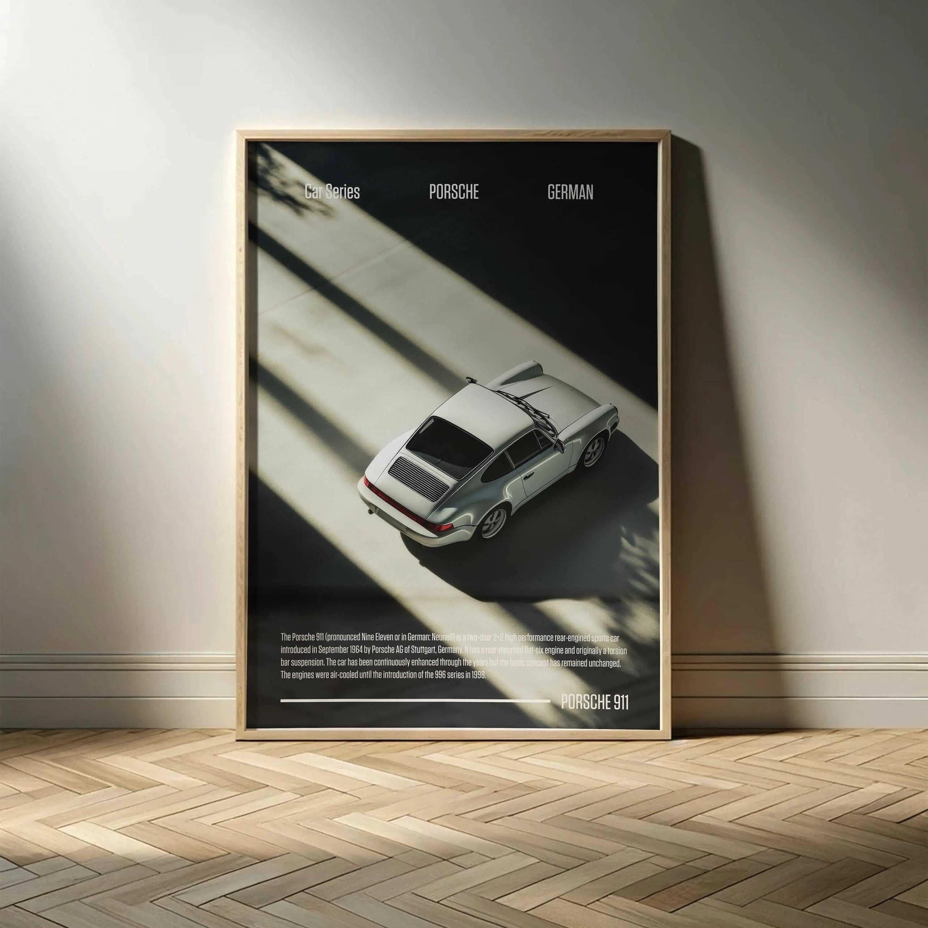 Classic Porsche 911 wall art print in a wooden frame, modern digital wall art for stylish home decor by Haus of Prints.