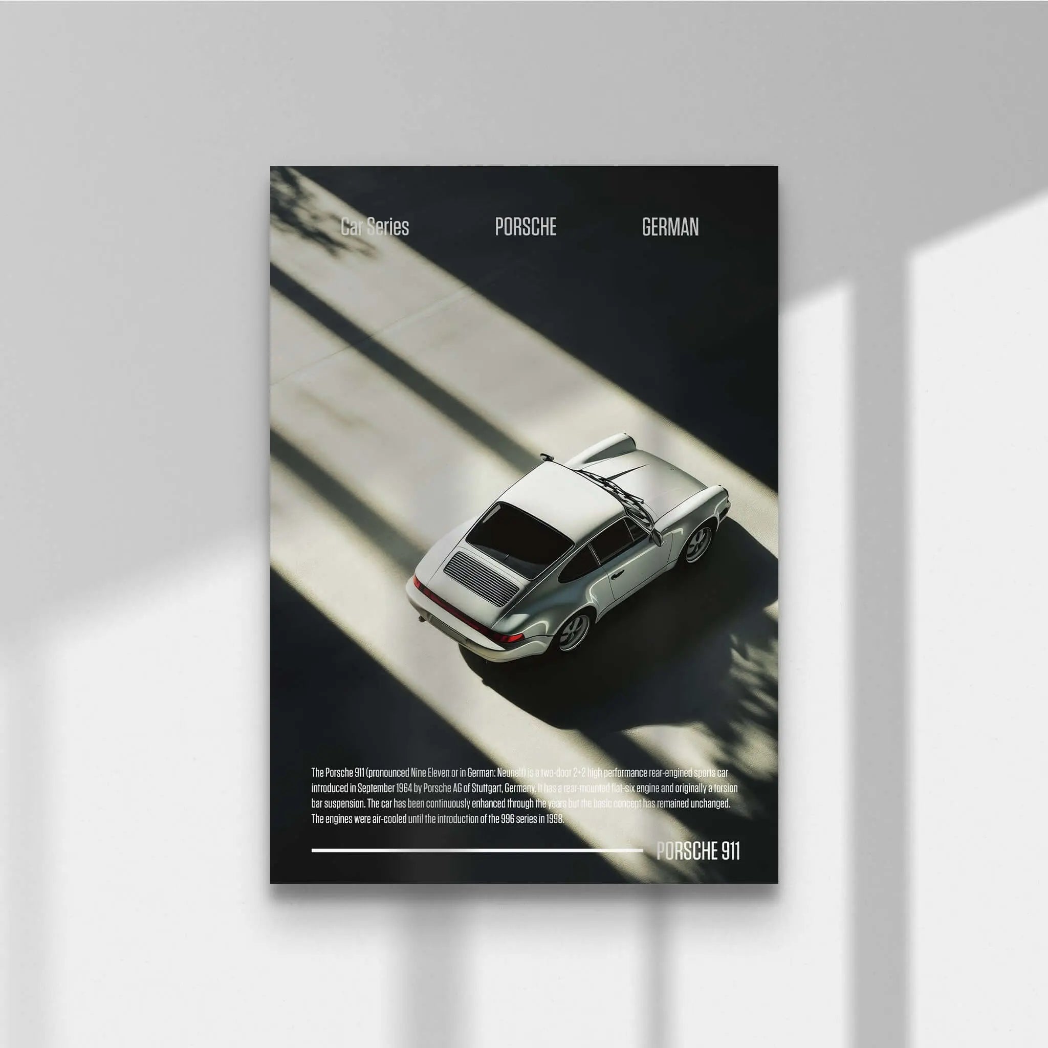 Classic Porsche 911 wall art printable digital art print showing silver car in shadowed modern setting by Haus of Prints.
