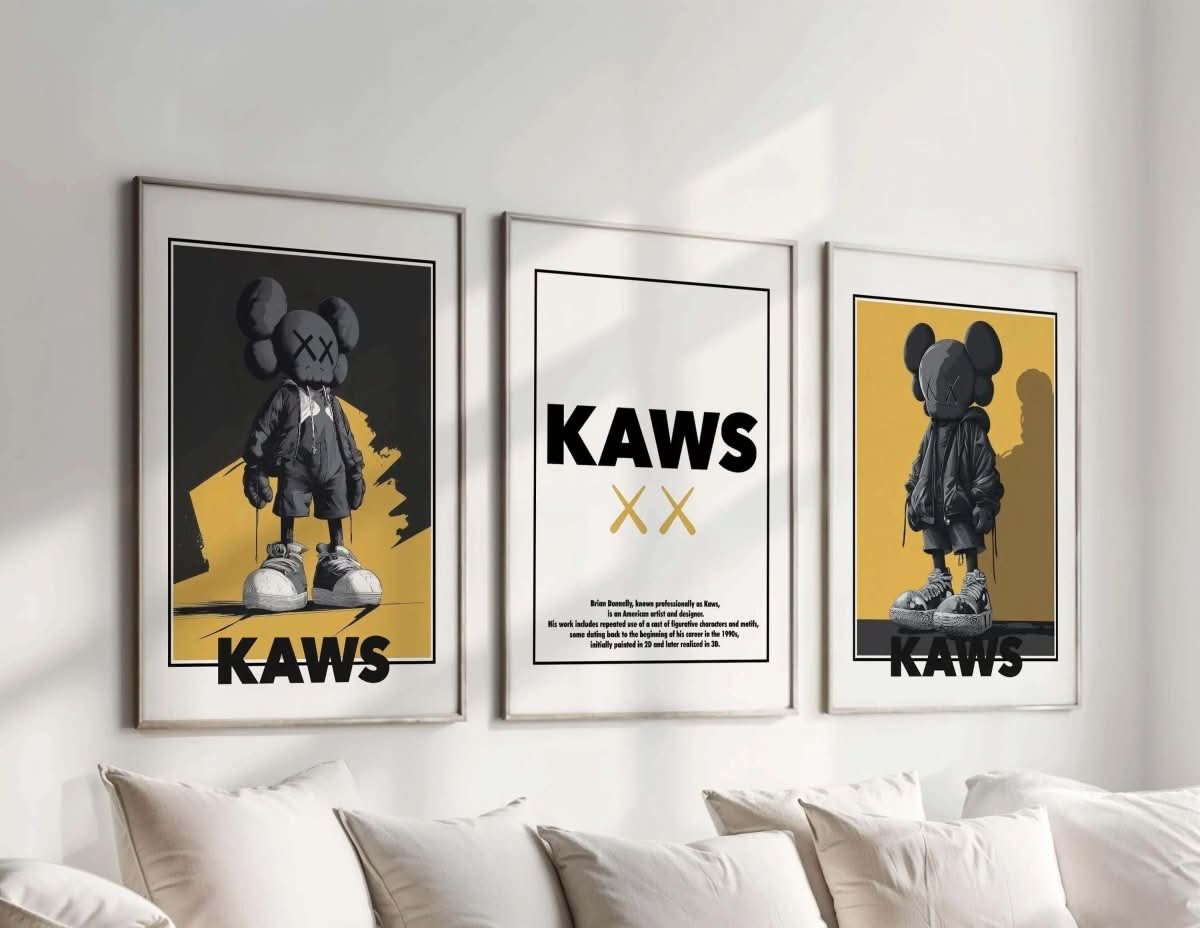 Contemporary Wall Art Set of 3 Posters featuring bold urban designs with HYPEBEAST KAWS aesthetic.