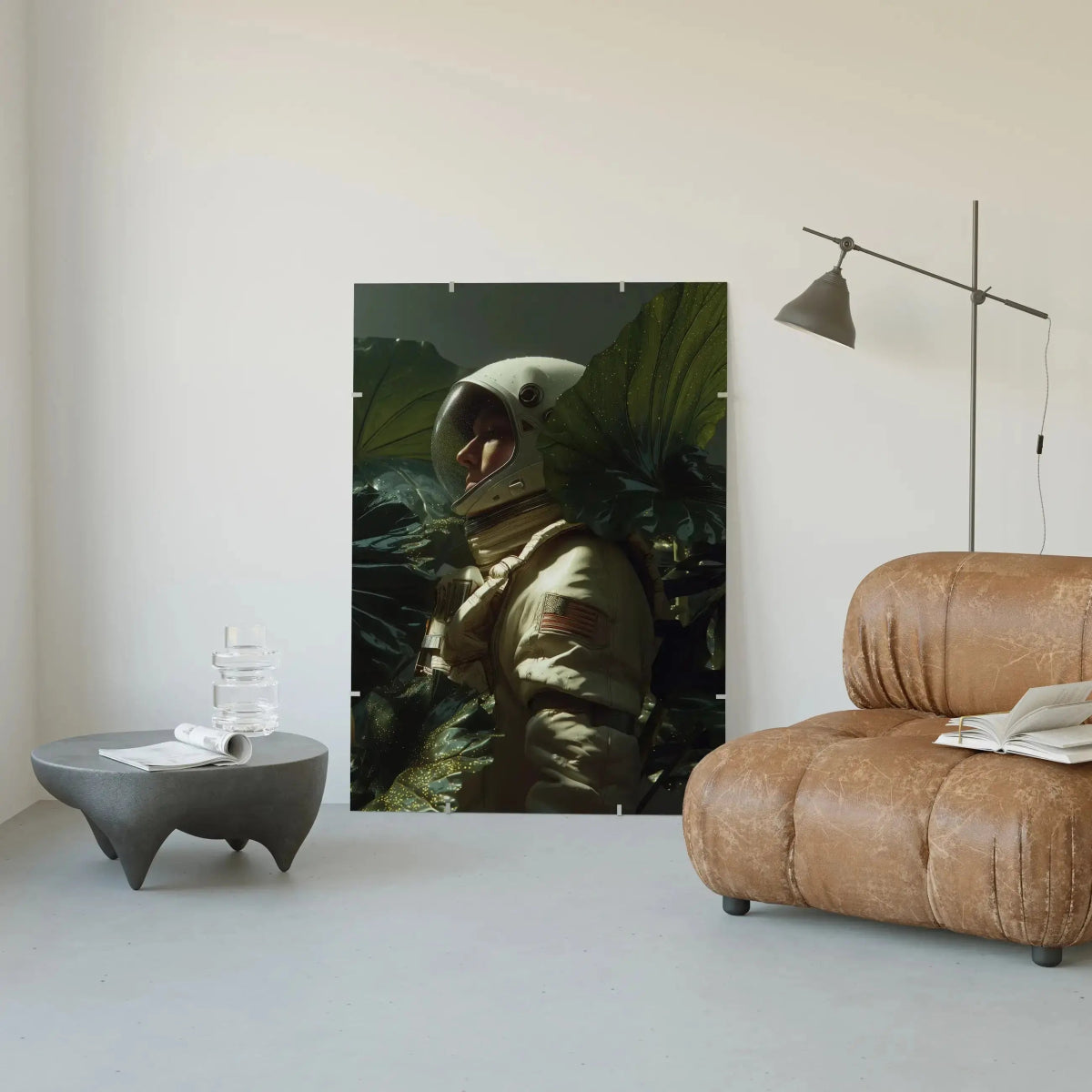 Large Cosmic Explorer – Space Astronaut Art Print displayed in a modern living room, blending space exploration with botanical interior design.