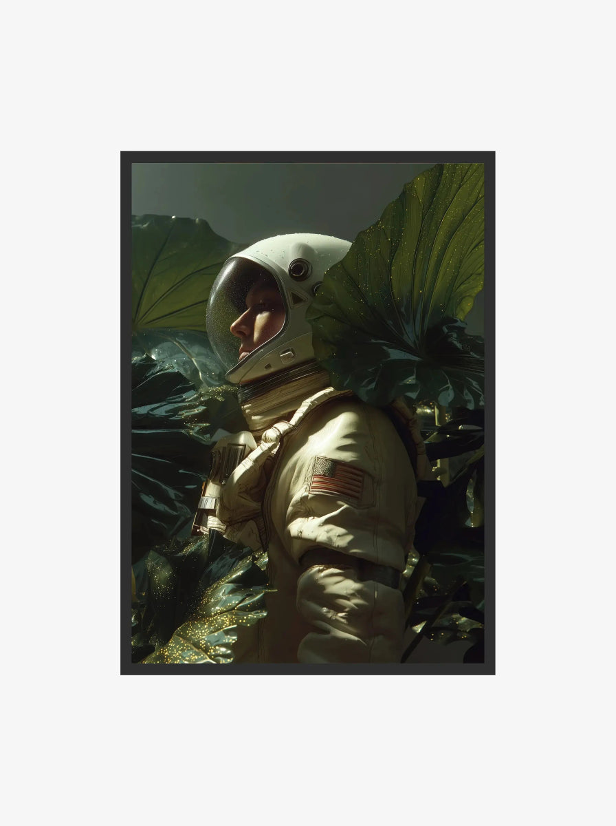 Cosmic Explorer – Space Astronaut Art Print | Haus of Prints featuring a photorealistic astronaut surrounded by lush tropical foliage in deep space tones.