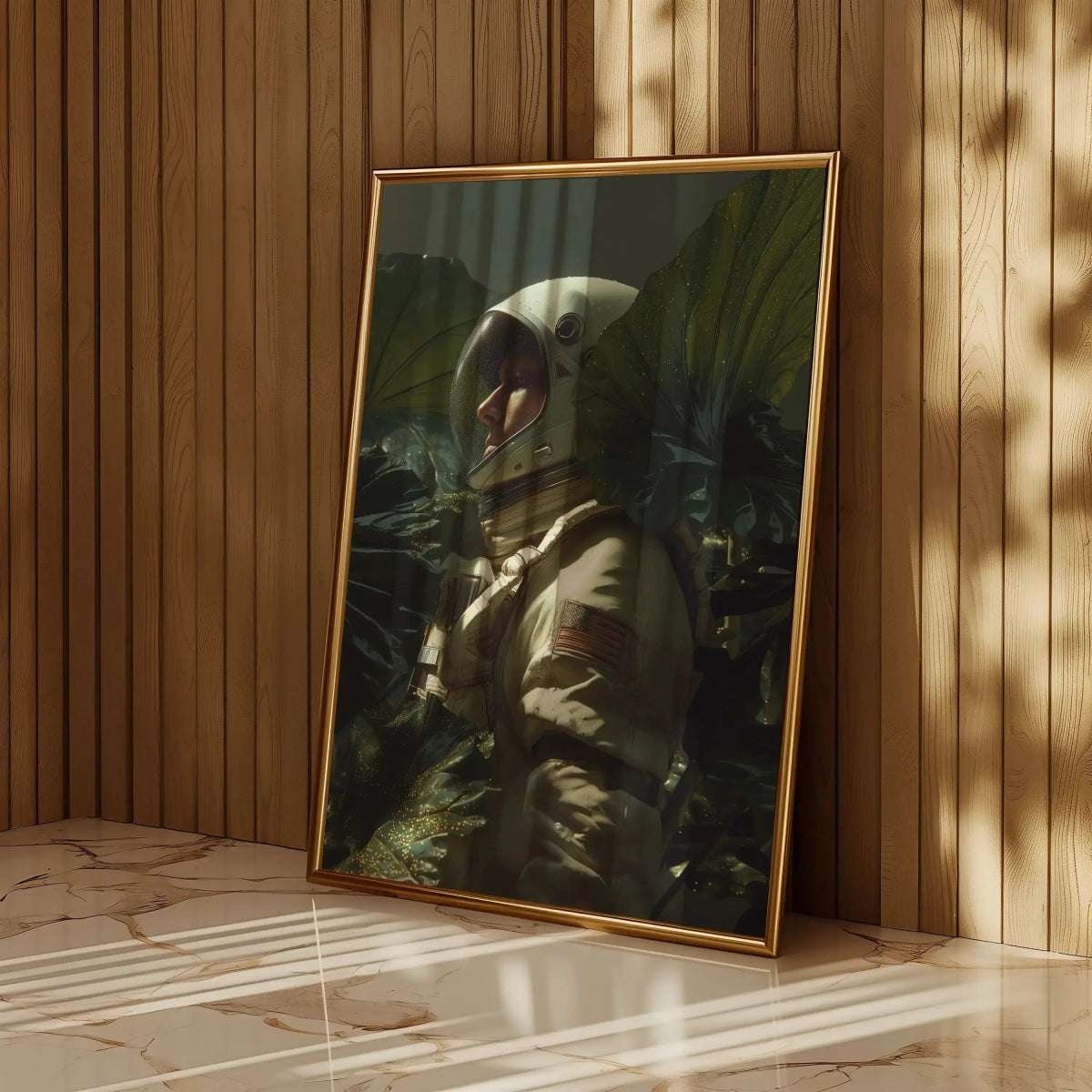 Framed Cosmic Explorer – Space Astronaut Art Print leaning against a wood-paneled wall, showcasing space-themed decor with tropical greenery.