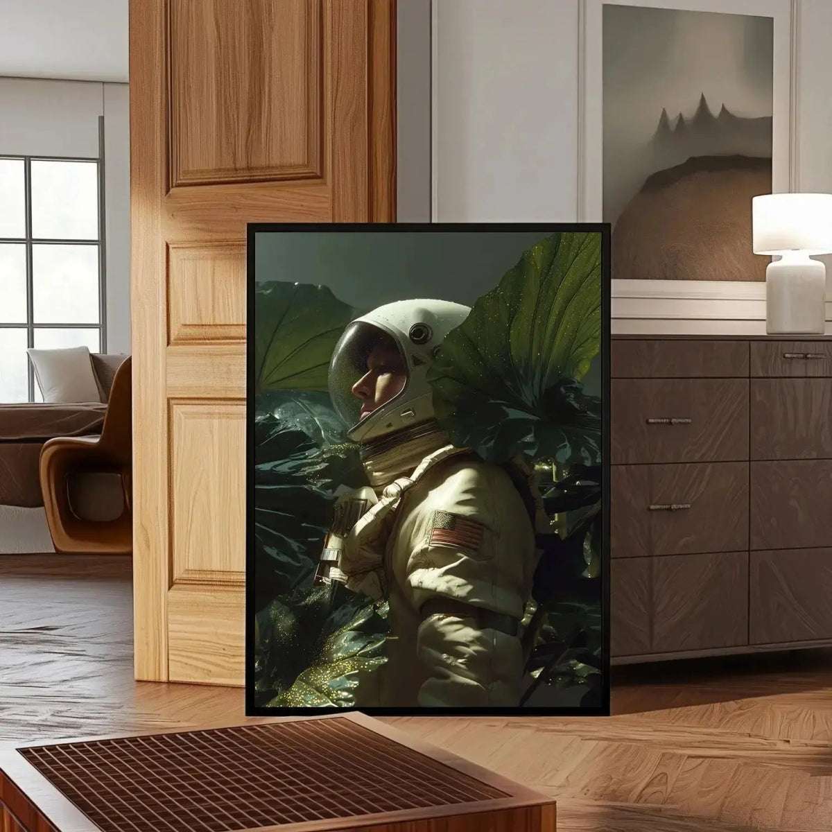 Cosmic Explorer – Space Astronaut Art Print in a black frame placed in a cozy hallway, merging cosmic wonder with home decor aesthetics.