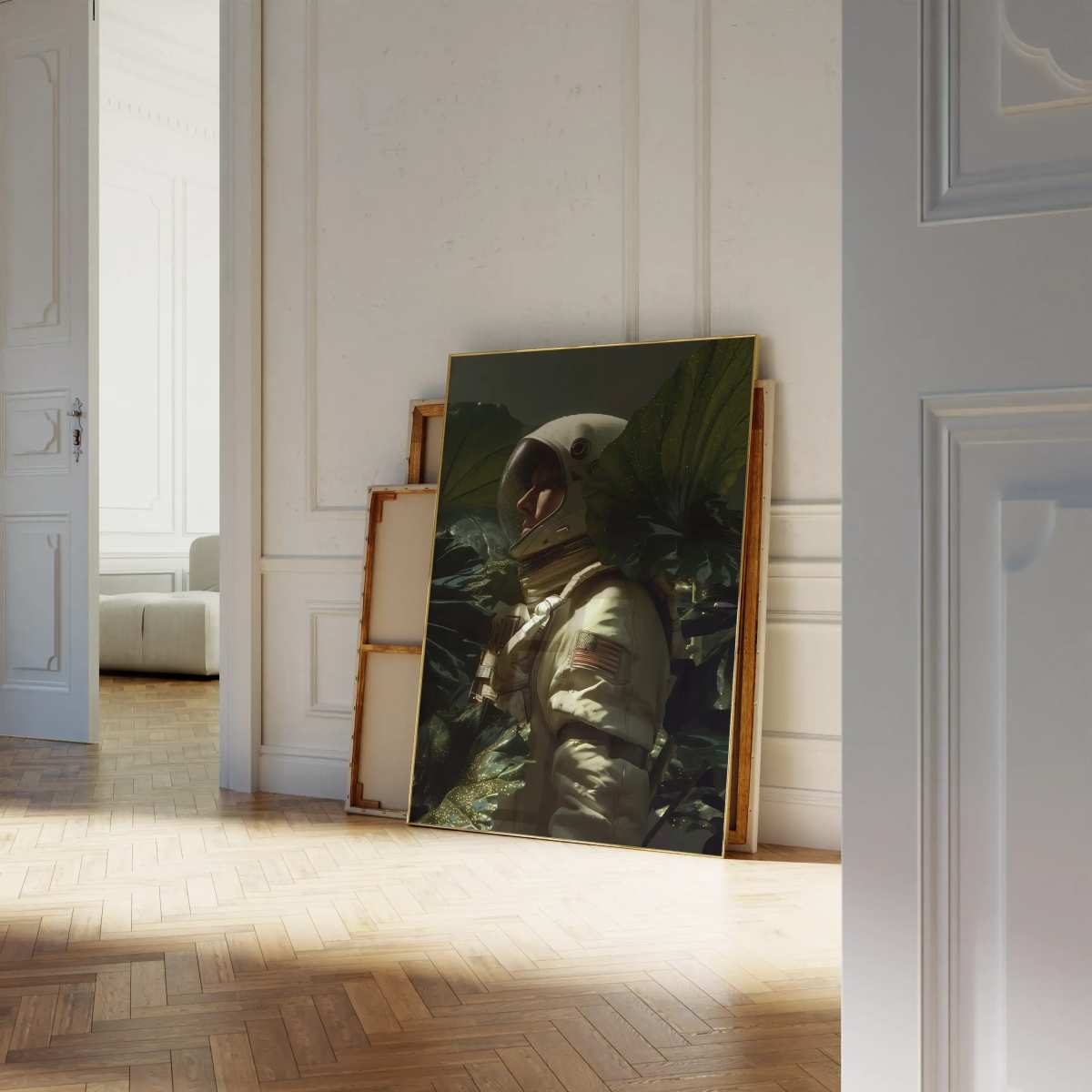 Unframed Cosmic Explorer – Space Astronaut Art Print resting on a parquet floor, ideal for space enthusiasts and dreamers' decor collections.
