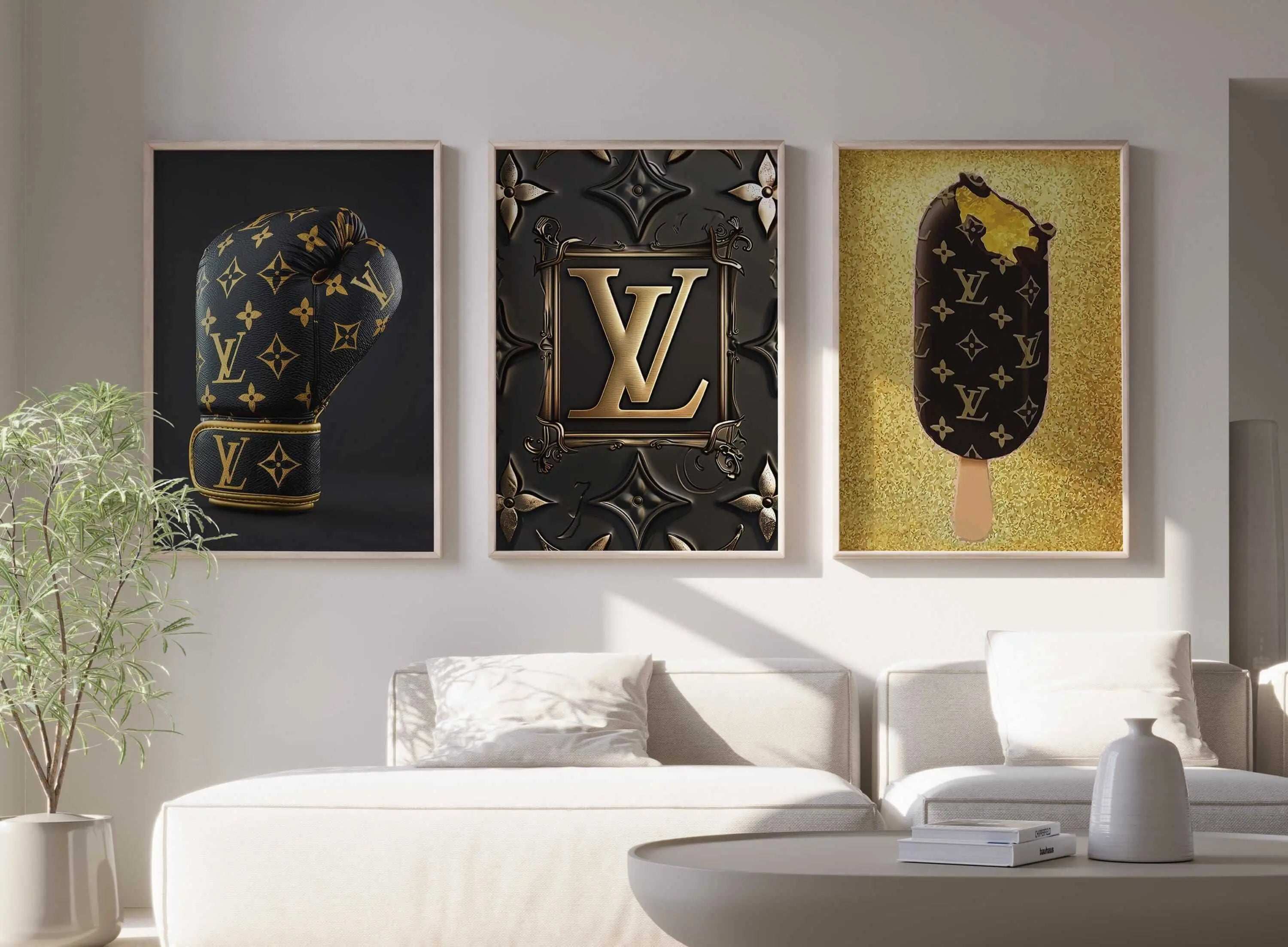 Designer Brand Fashion Wall Art Set of 3 featuring luxury logo and motifs in framed digital wall art for modern living room - Haus of Prints.