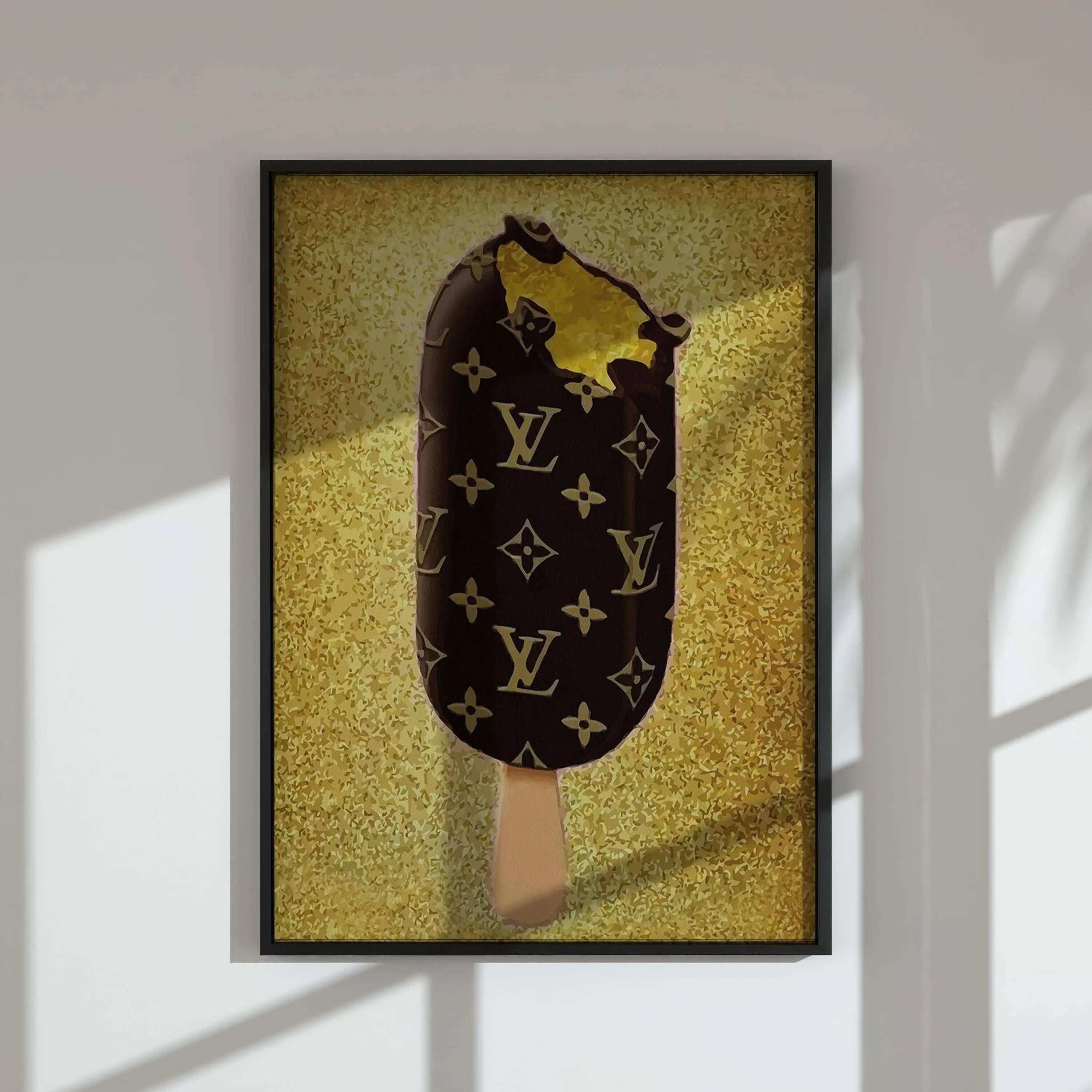 Designer Brand Fashion Wall Art Set of 3 featuring luxury chocolate ice pop digital wall art in modern living room, printable art by Haus of Prints