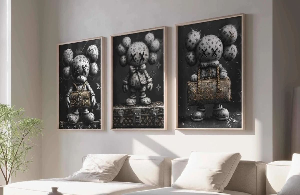 Digital wall art set featuring three striking HYPEBEAST KAWS posters with urban aesthetics.