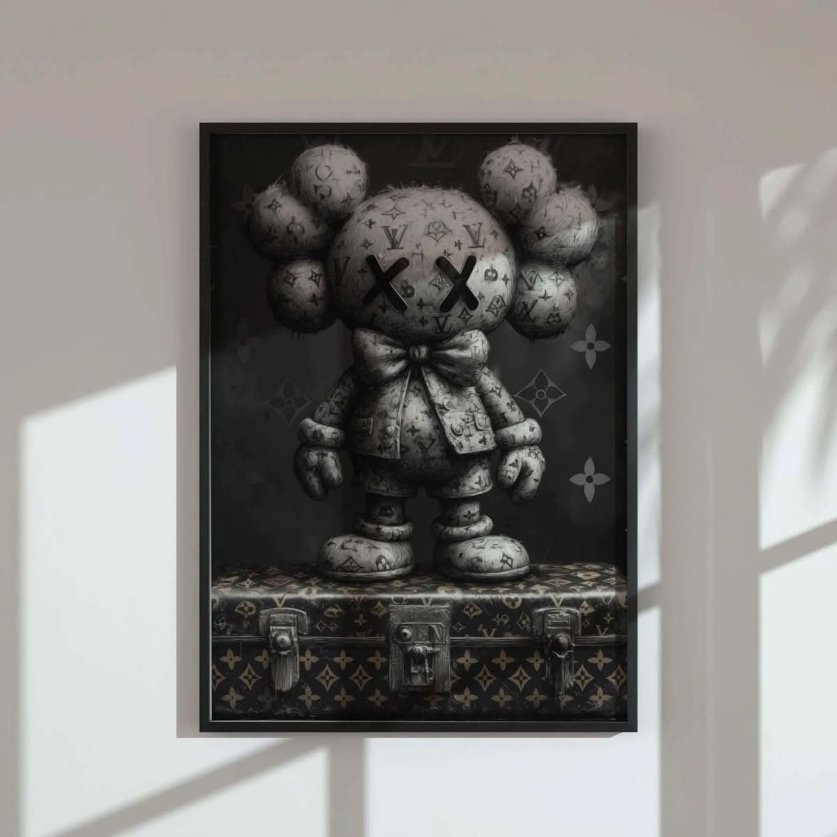 Close-up of HYPEBEAST KAWS poster, emphasizing bold designs and street art influences.