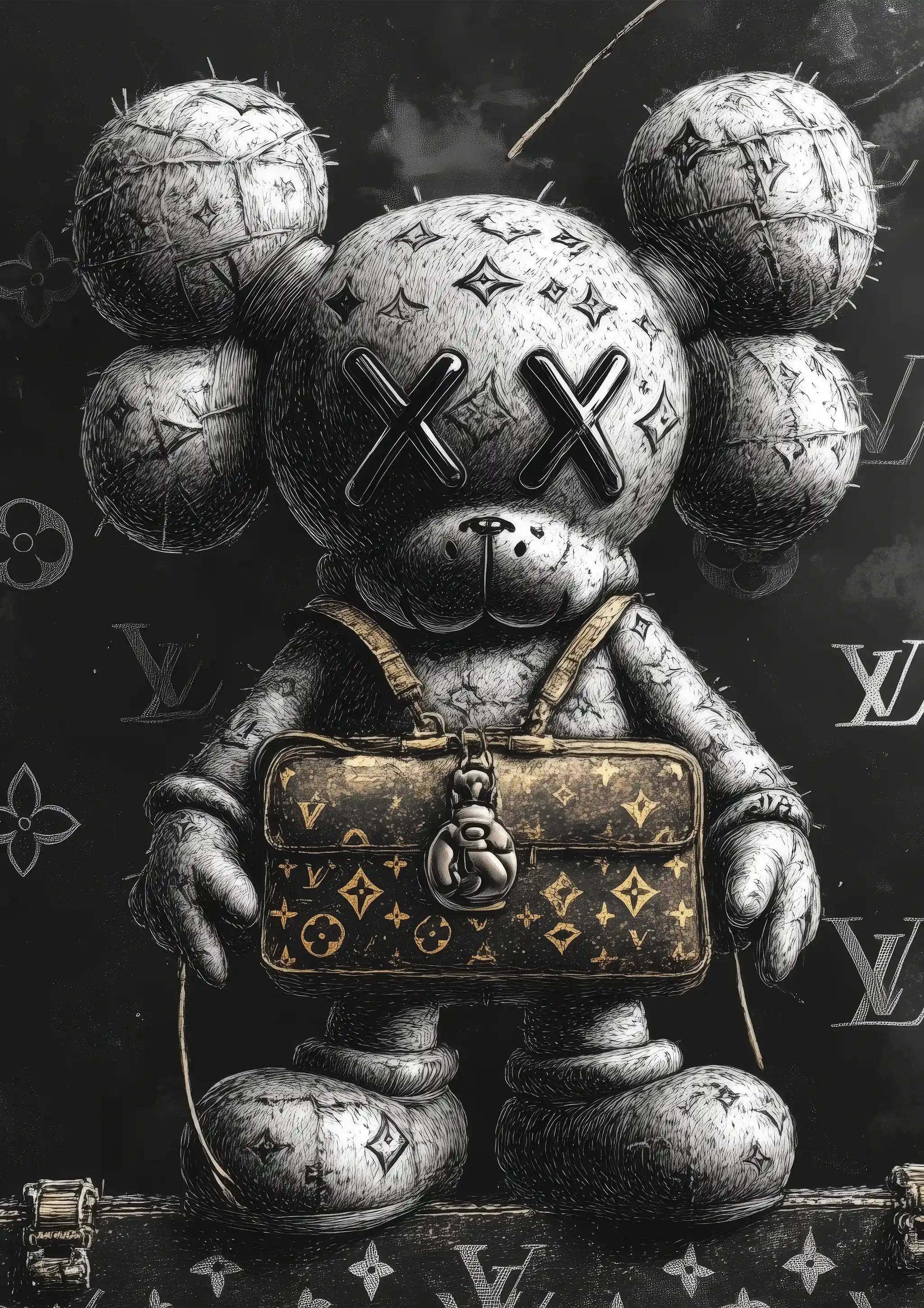 Artistic depiction of a bear holding a Louis Vuitton bag with brand logos in the background