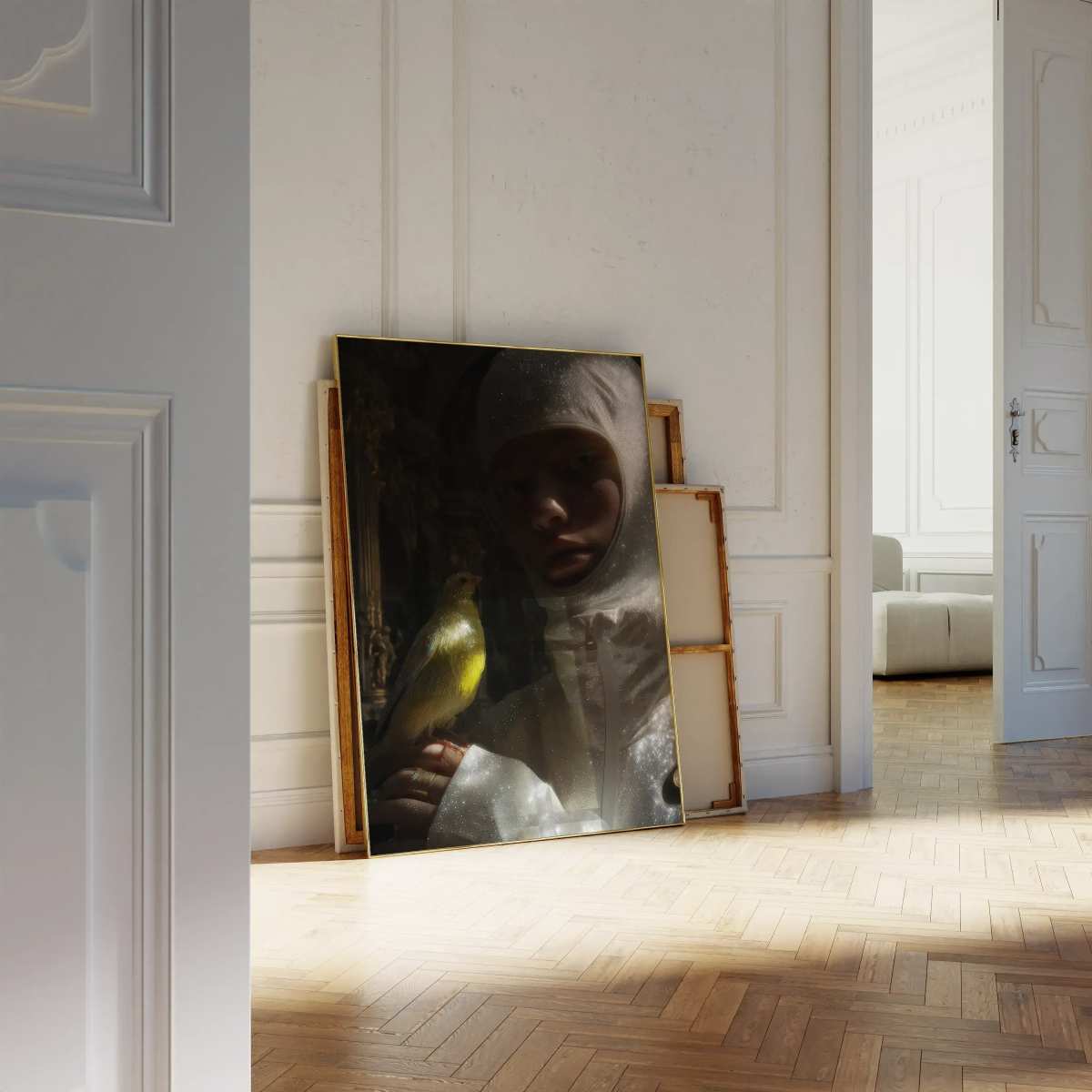 Ethereal Bond – Fashion Bird Portrait Print resting against a white wall in a sunlit room, perfect for serene and contemplative home decor settings.