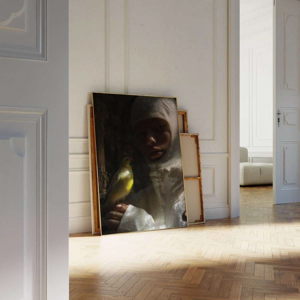Ethereal Bond – Fashion Bird Portrait Print resting against a white wall in a sunlit room, perfect for serene and contemplative home decor settings.