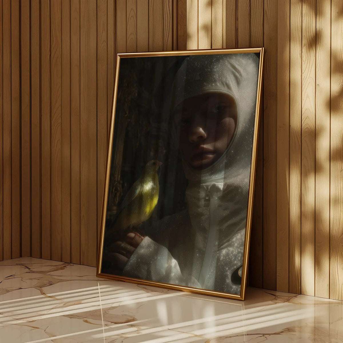 Framed Ethereal Bond – Fashion Bird Portrait Print leaning on wood-paneled wall, showcasing cinematic lighting and spiritual symbolism for modern interiors.