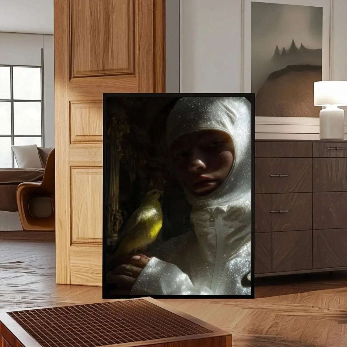 Ethereal Bond – Fashion Bird Portrait Print displayed in a cozy modern room, highlighting a luminous bird and figure for spiritual and fashion-forward wall art.