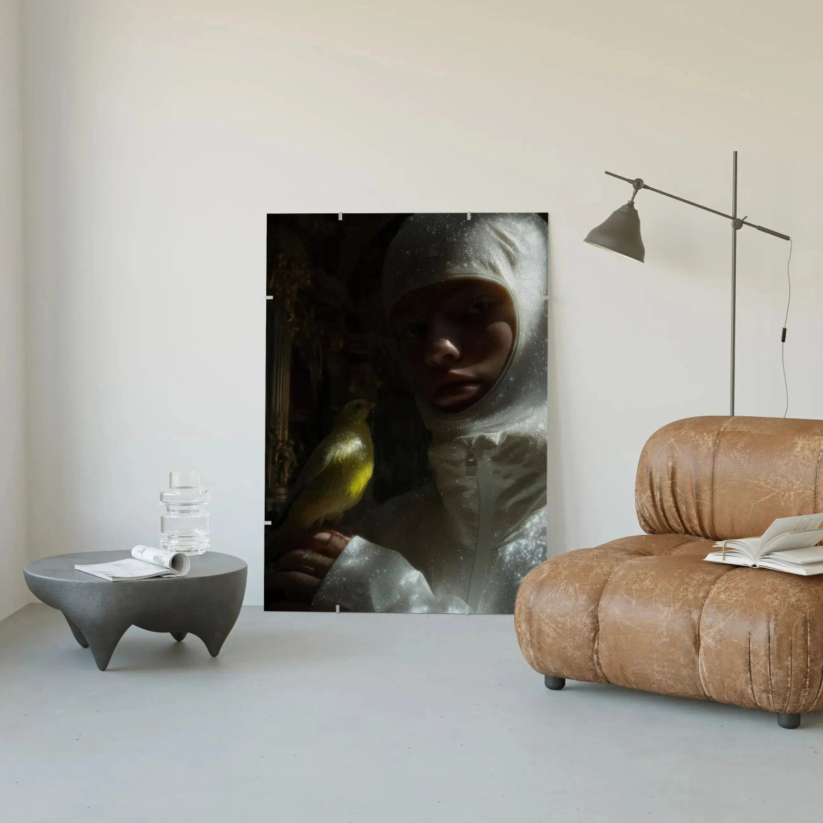Large Ethereal Bond – Fashion Bird Portrait Print mounted in minimalist living space, blending fashion and nature themes for elegant home and garden decor.