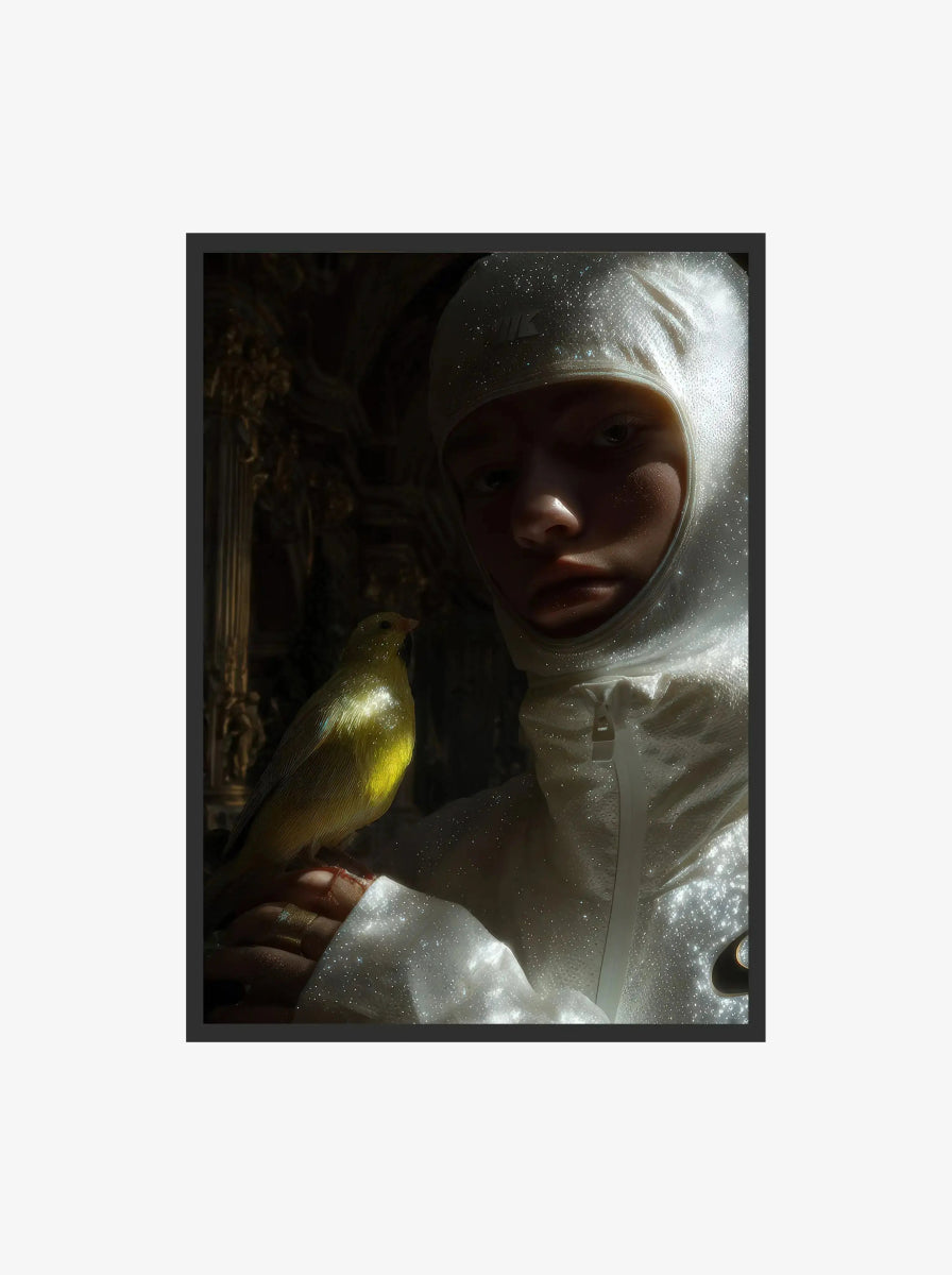 Ethereal Bond – Fashion Bird Portrait Print by Haus of Prints featuring a hooded figure in shimmering white with a golden bird, ideal for nature-inspired decor.