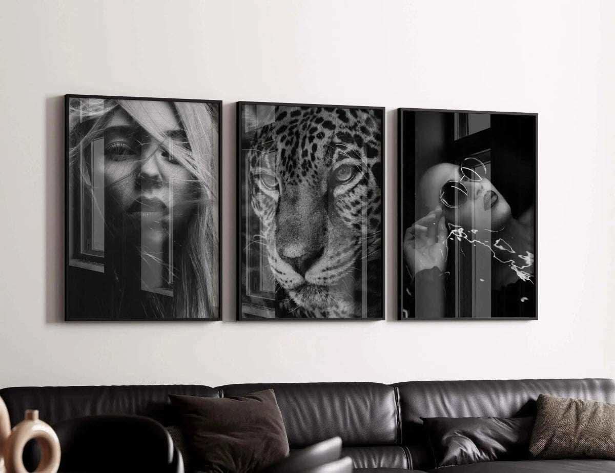 Bold black and white Fashion Home Decor Poster of a model with flowing hair, perfect for contemporary decor.