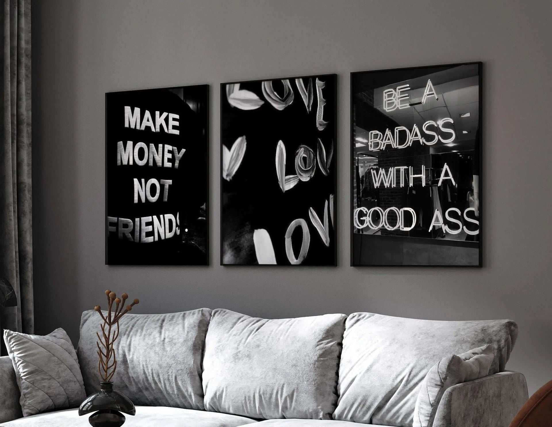 Fashion Quote Wall Art Set of 3 showcasing chic quotes against a vibrant black background for stylish interiors.
