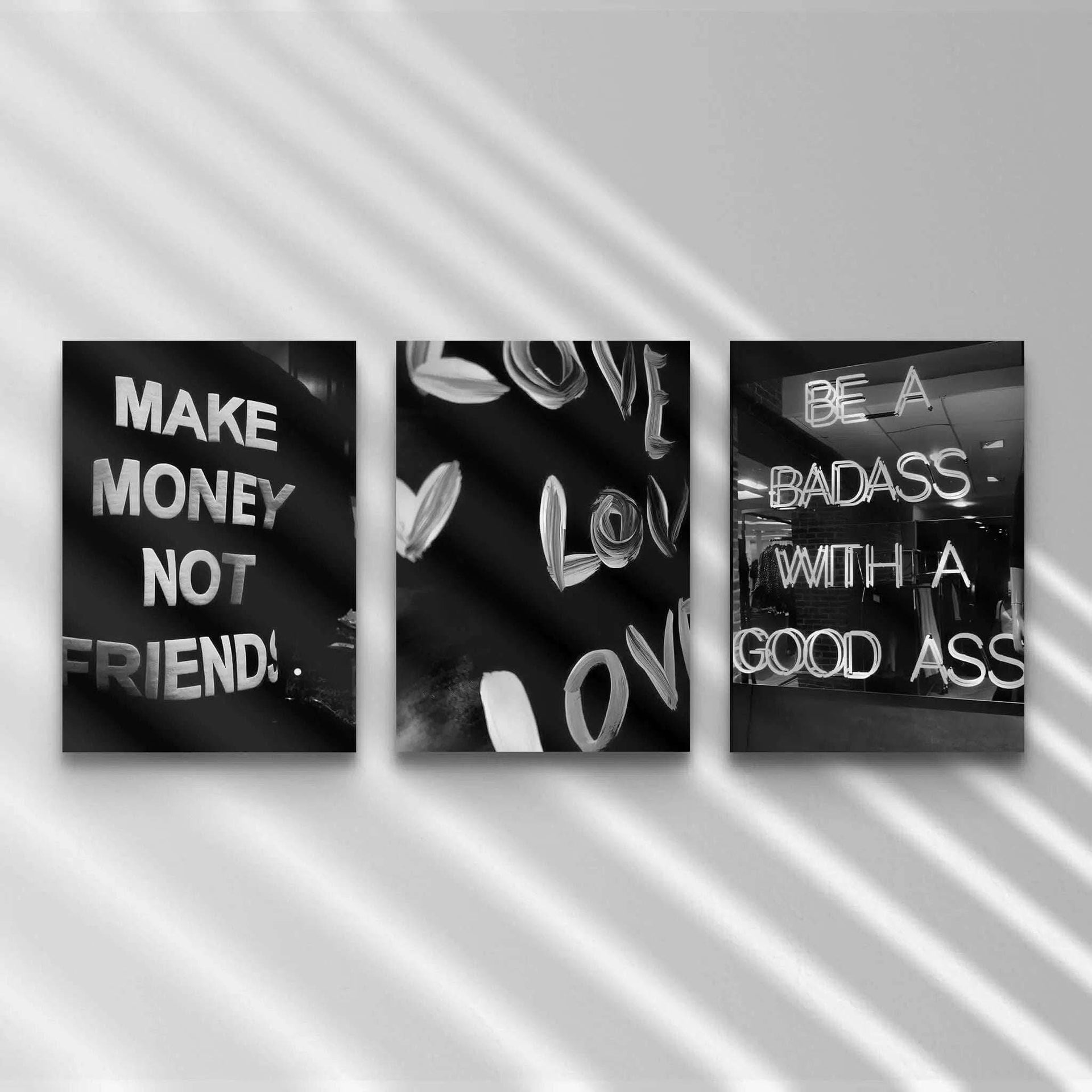 Fashion Quote Wall Art Set of 3 featuring bold black-and-white designs with inspiring quotes for modern decor.