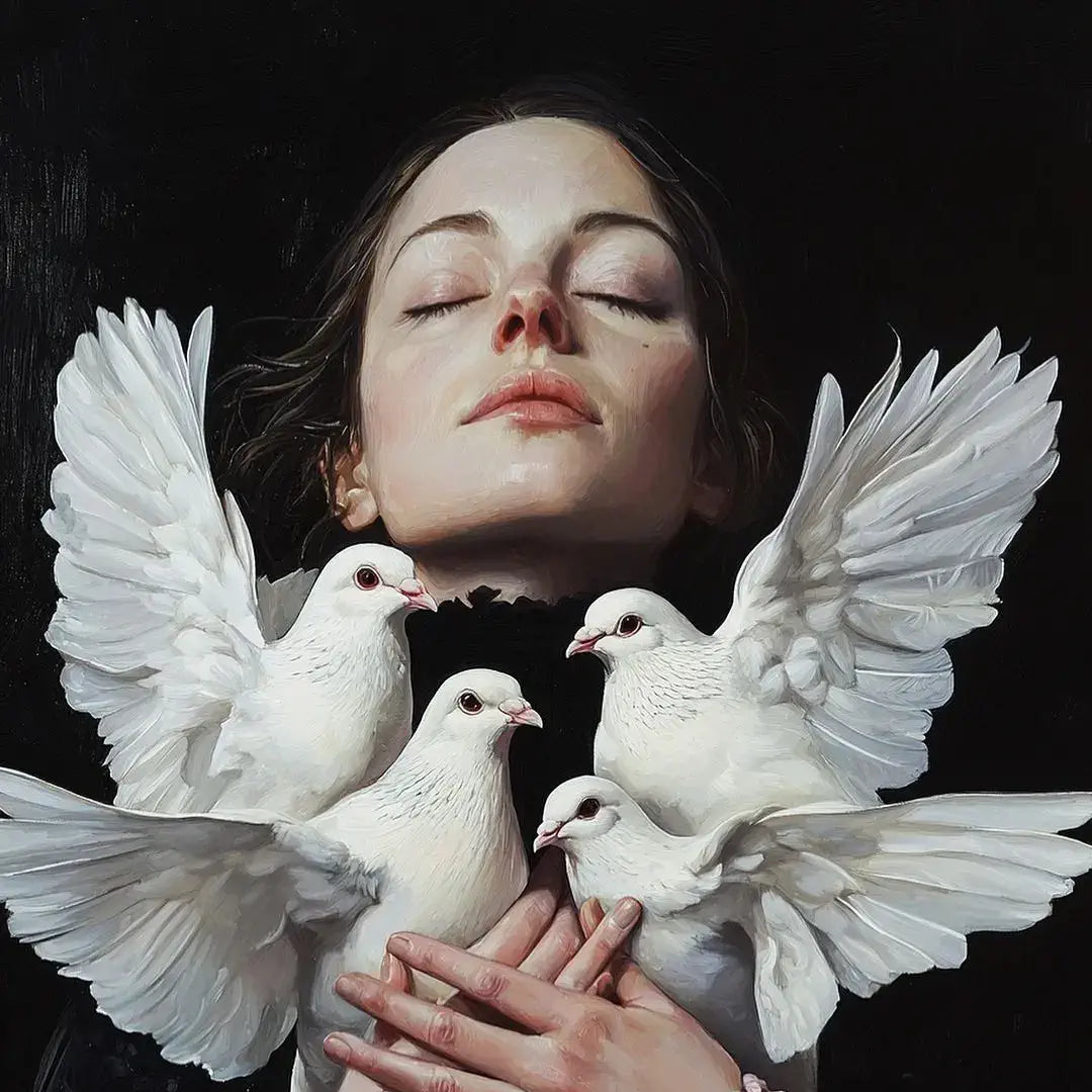 Woman with closed eyes surrounded by white doves against a dark background