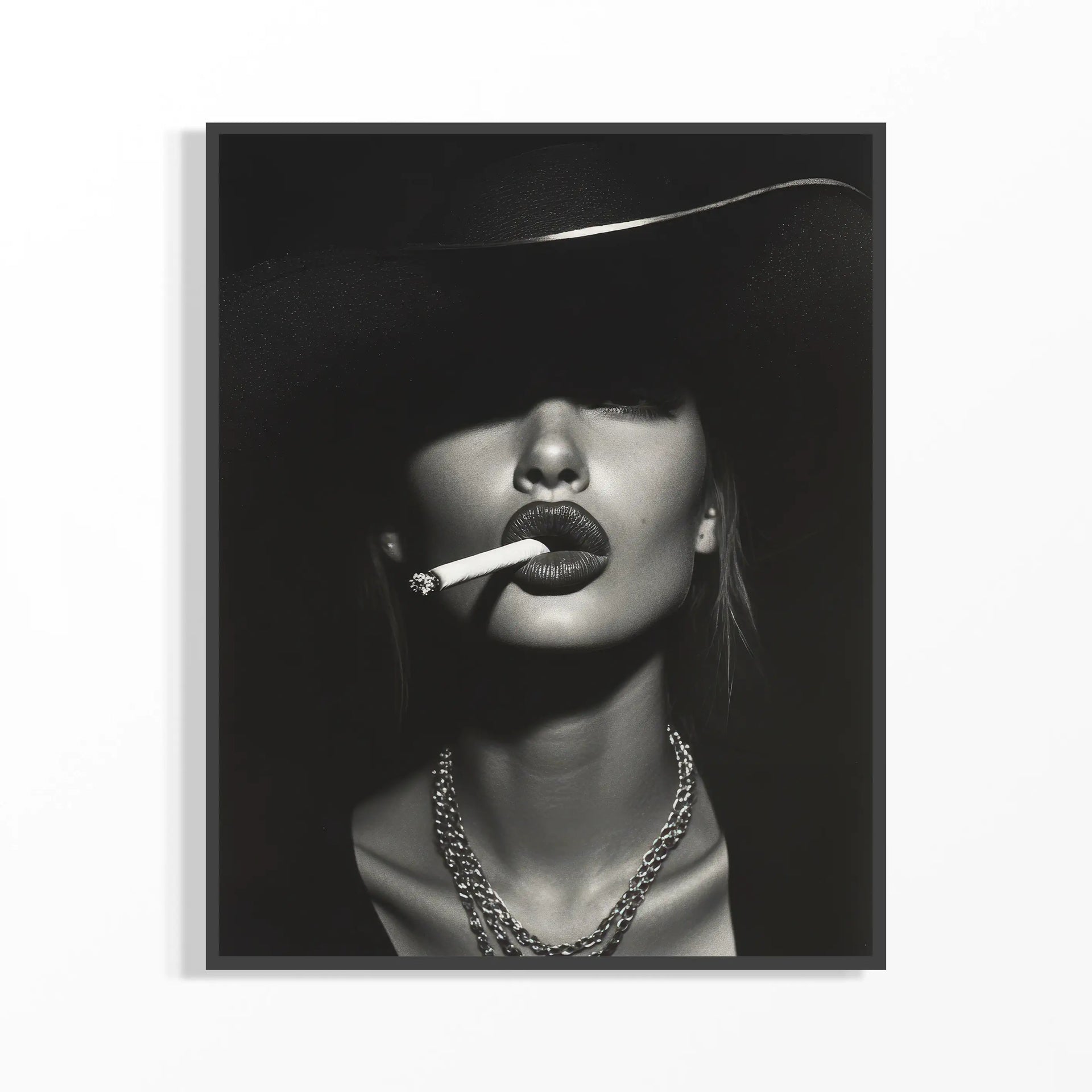 Vintage Luxury Fashion Portrait Poster featuring a striking model with a cigarette and elegant jewelry.