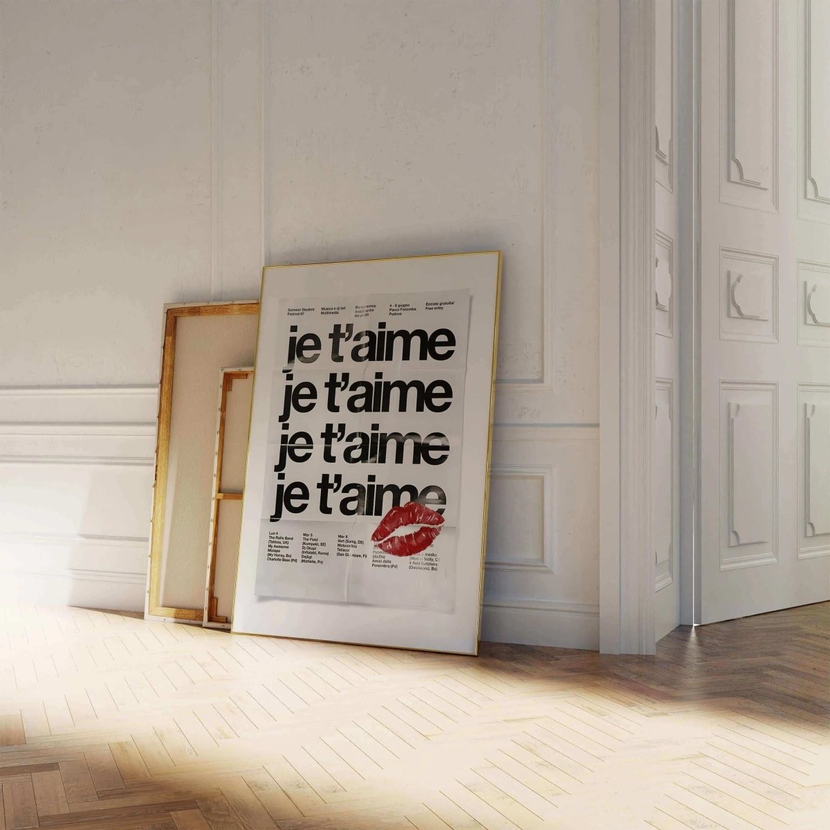 French Quote Poster Room Decor featuring bold black text and red lipstick kiss print, printable modern wall art leaning in bright living room — Haus of Prints.