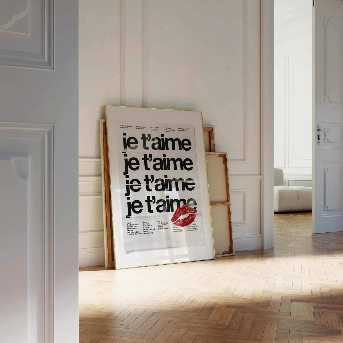 French Quote Poster Room Decor printable modern wall art with black text and red lips, leaning in elegant living room corner, digital download HAUS OF PRINTS