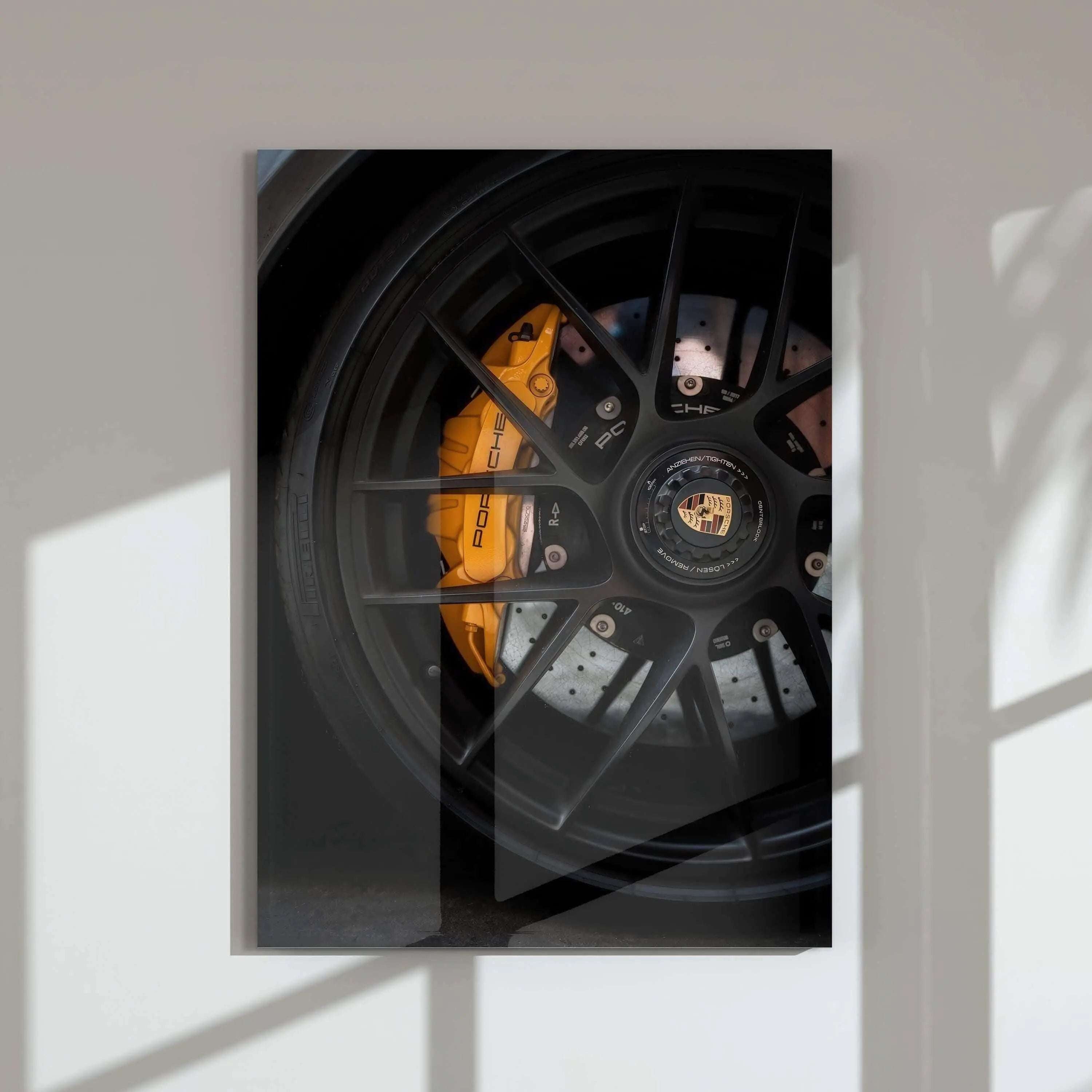 GT3 RS Poster Set of 4 featuring close-up digital wall art of Porsche wheel and brake caliper, modern home decor, instant download, Haus of Prints.