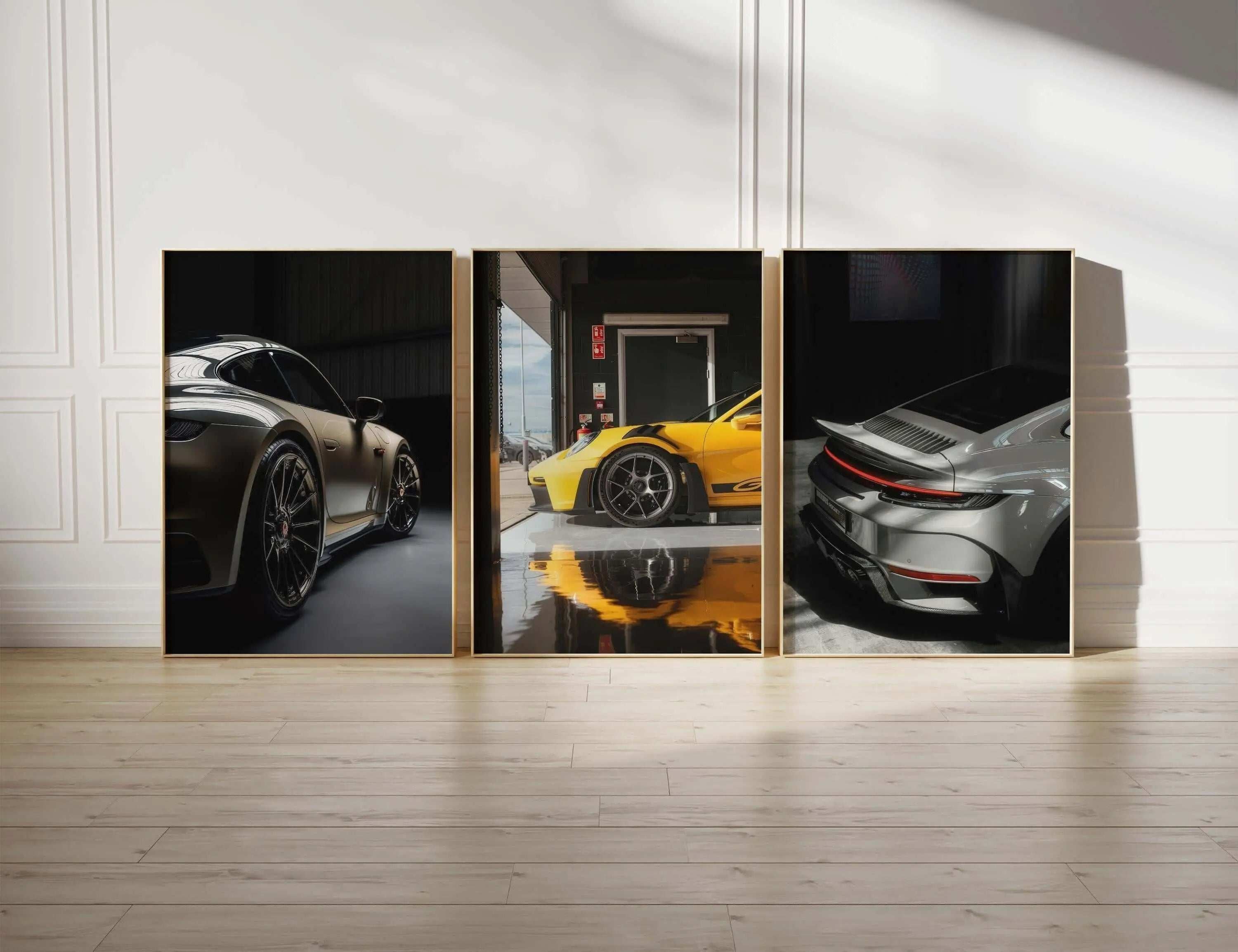 GT3 RS Poster Set of 4 featuring luxury car digital wall art in a modern room, printable art prints by Haus of Prints.