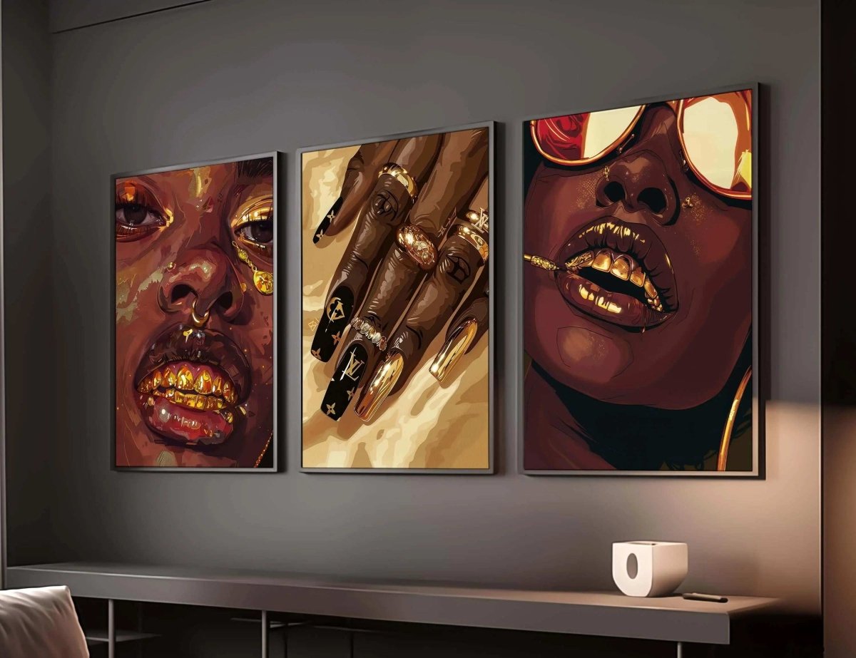 Gold Black Woman Poster Set of 3 showcasing Afrocentric digital wall art with gold accents in a modern living room by Haus of Prints.