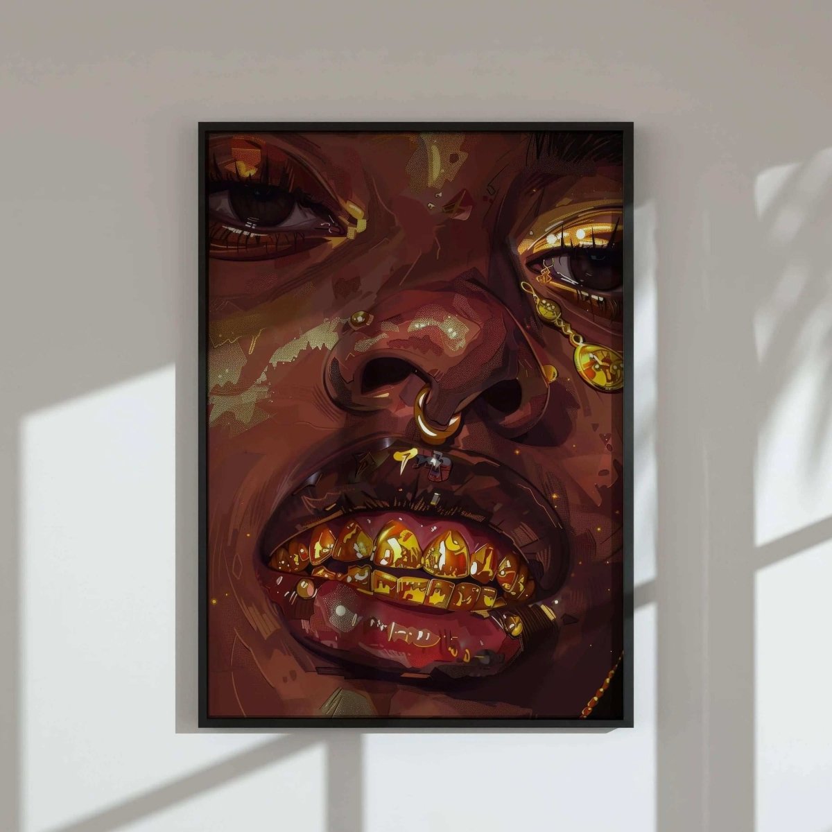 Gold Afrocentric digital wall art poster featuring a close-up portrait with gold accents, framed in a modern Toronto living room — Haus of Prints.