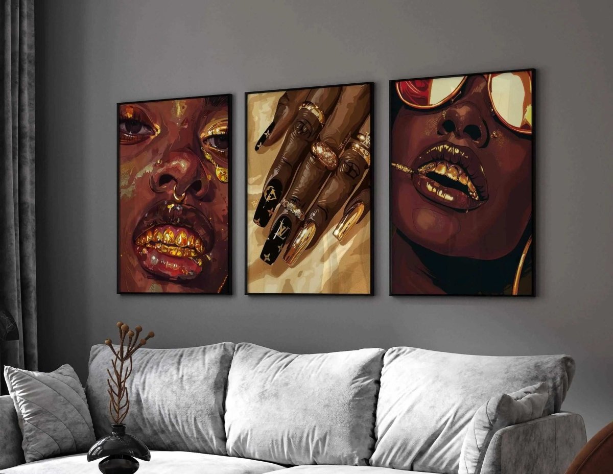 Gold Black Woman Poster Set of 3 featuring Afrocentric digital wall art with gold accents, framed and displayed in a modern living room — Haus of Prints.